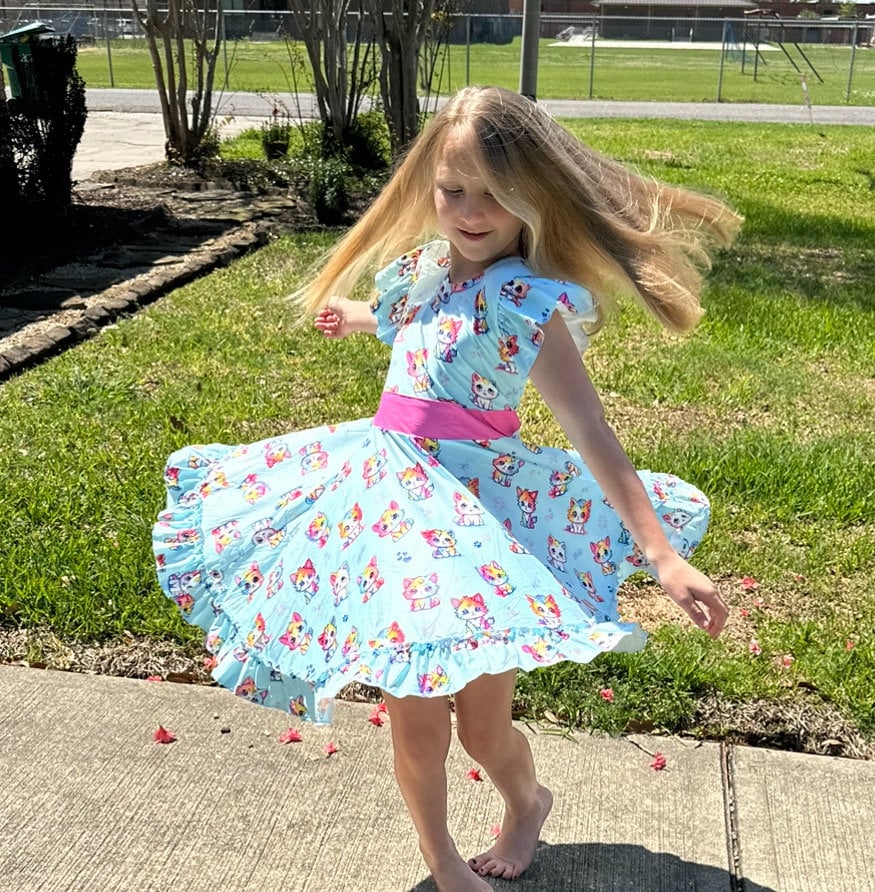 Rainbow Kitties Bow Back Twirl Dress