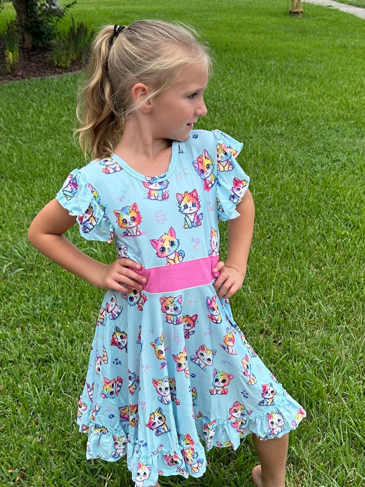 Rainbow Kitties Bow Back Twirl Dress