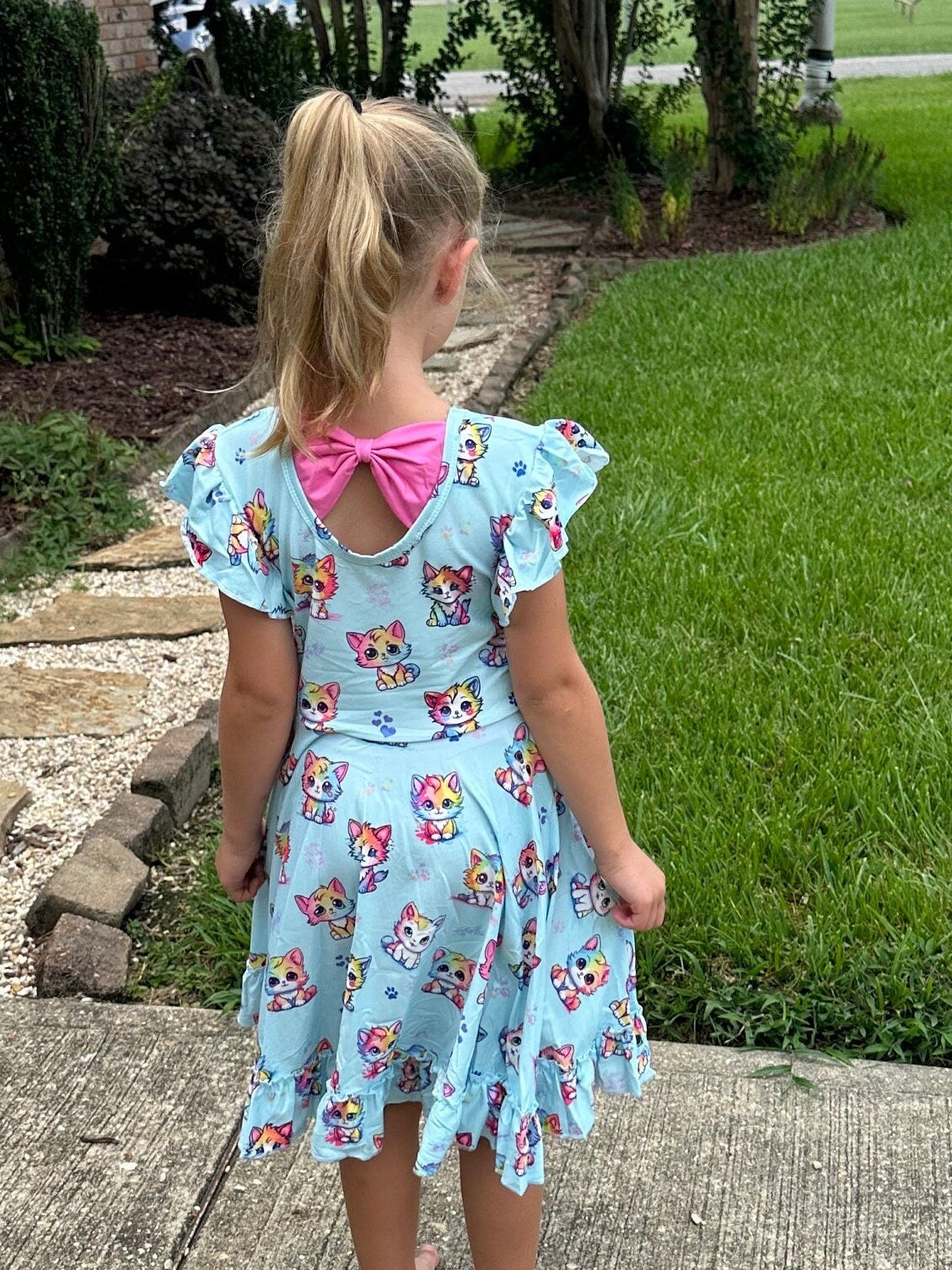 Rainbow Kitties Bow Back Twirl Dress