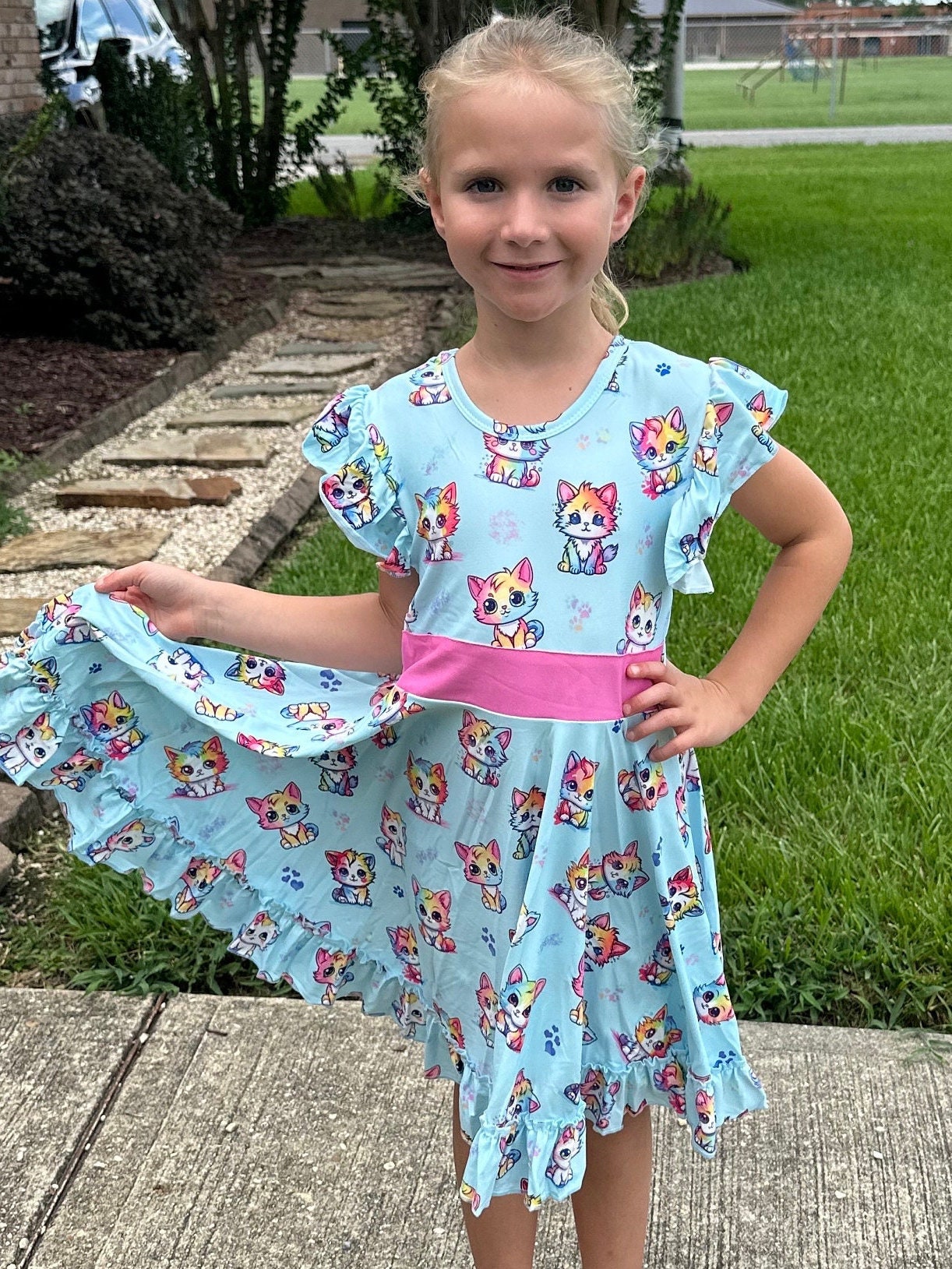 Rainbow Kitties Bow Back Twirl Dress