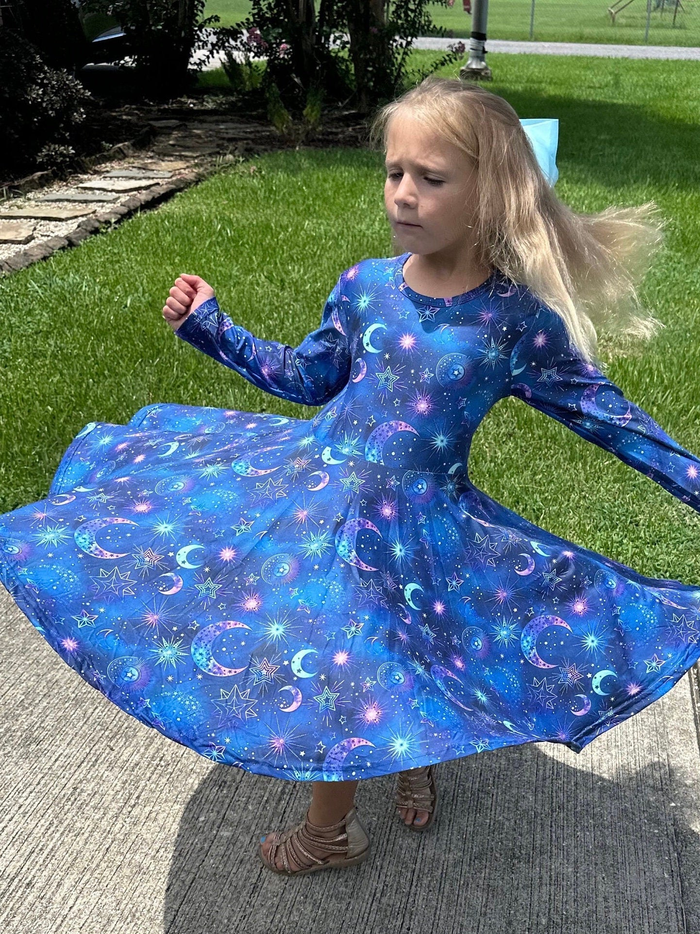 Moons and Outer Space Long Sleeve Twirl Dress