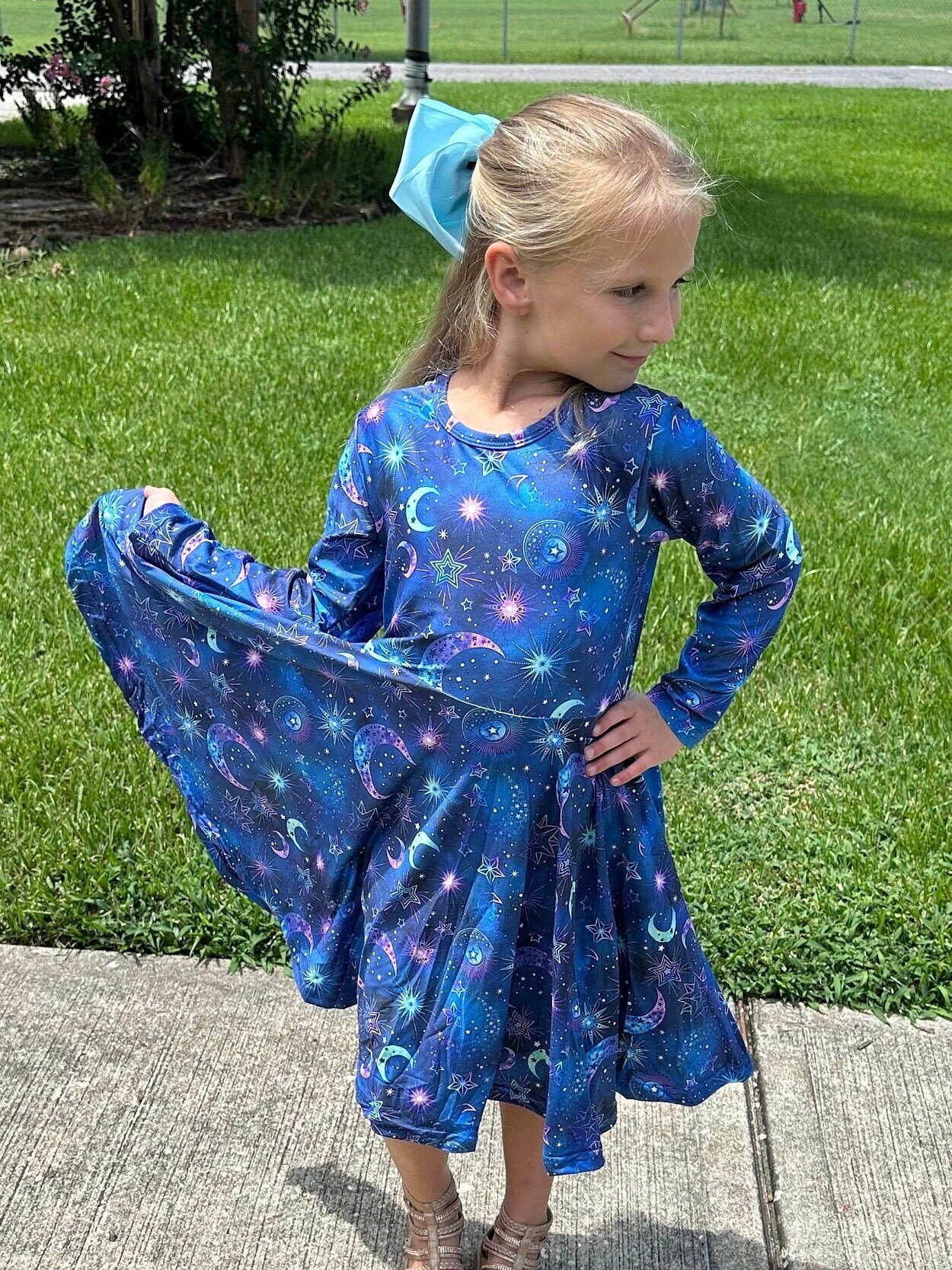 Moons and Outer Space Long Sleeve Twirl Dress