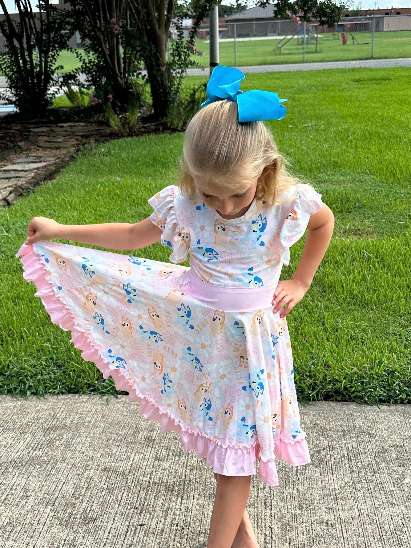 Blue Dog Rainbow Bow Back Twirl Dress