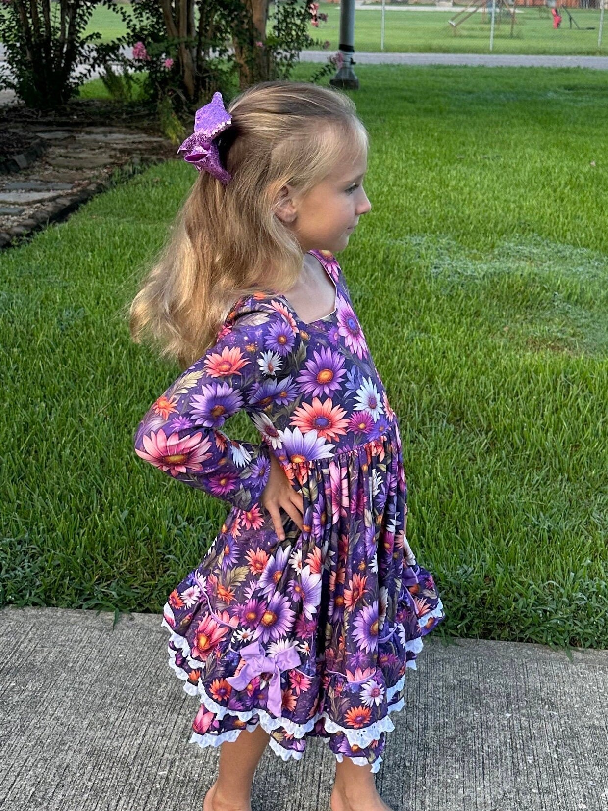 Purple Floral Lace and Ruffle Dress