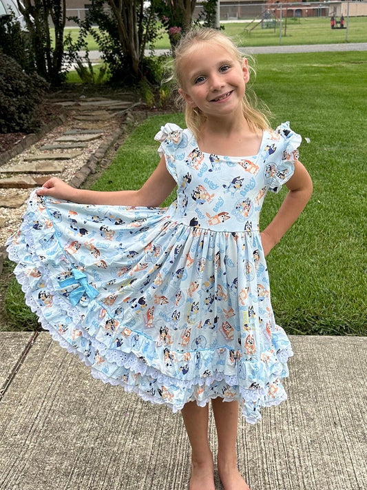 Lace and Ruffle Blue Dog Twirl Dress