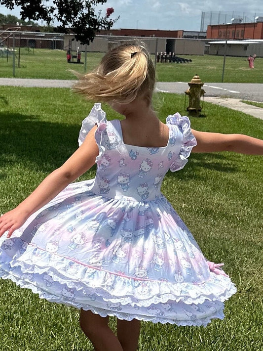 Pastel Kawii Cat Lace and Ruffle Dress