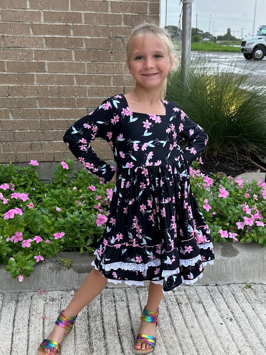 Pink Floral Lace and Ruffle Dress