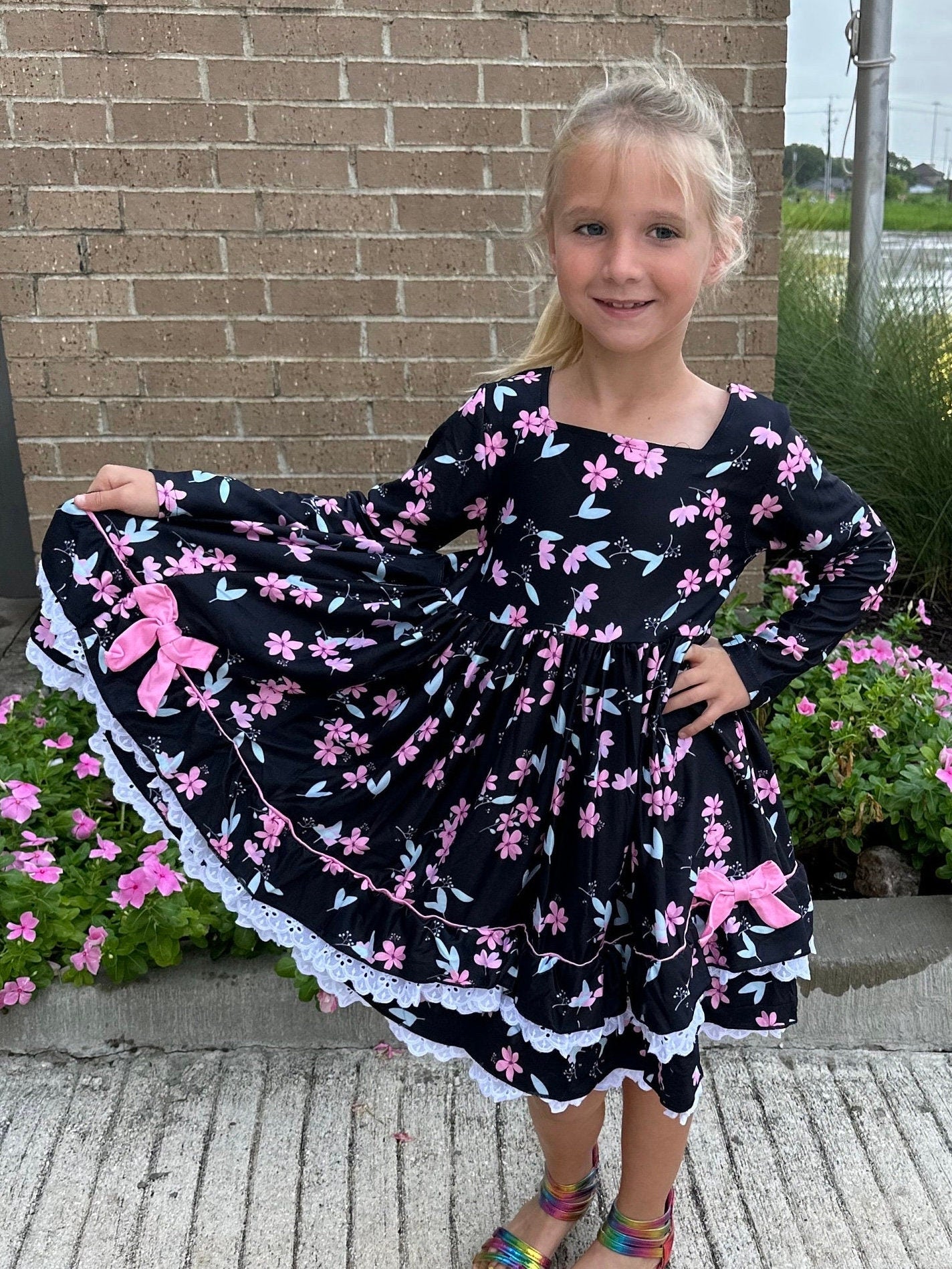 Pink Floral Lace and Ruffle Dress