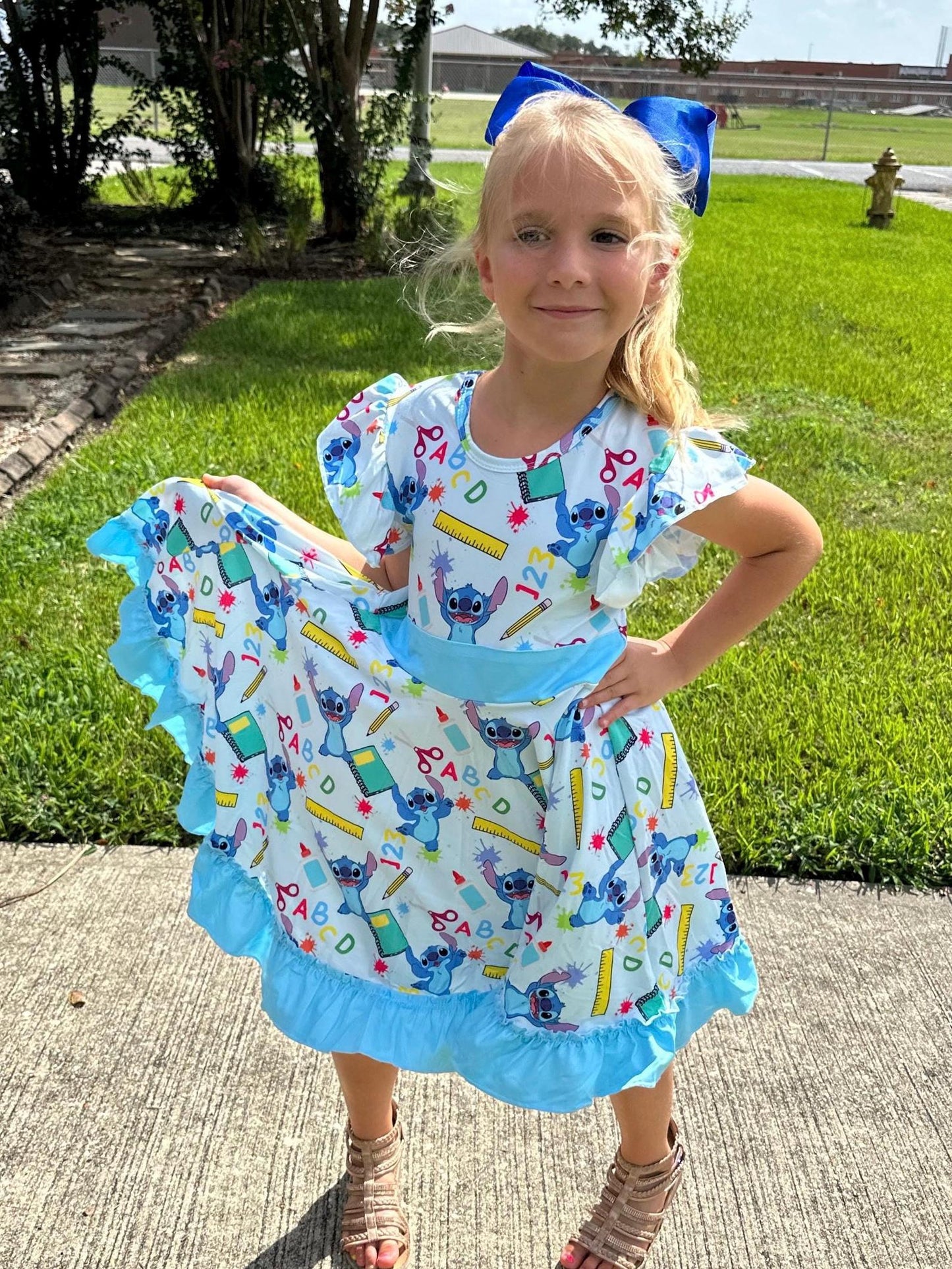 Blue Alien School Days Bow Back Twirl Dress