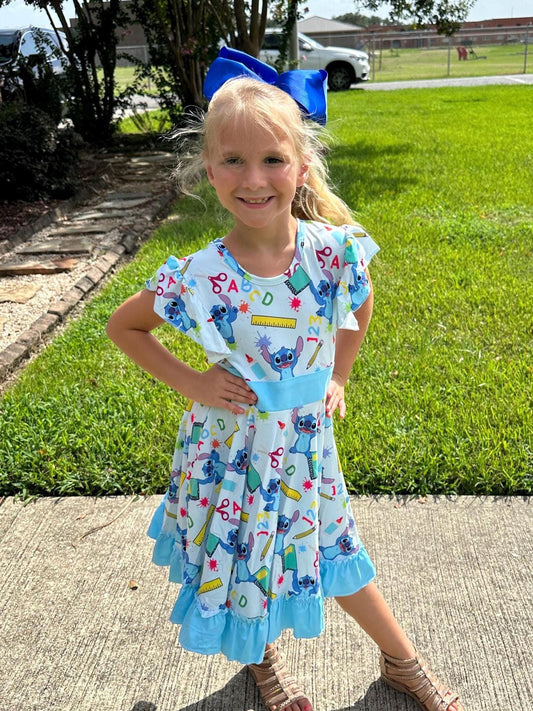 Blue Alien School Days Bow Back Twirl Dress