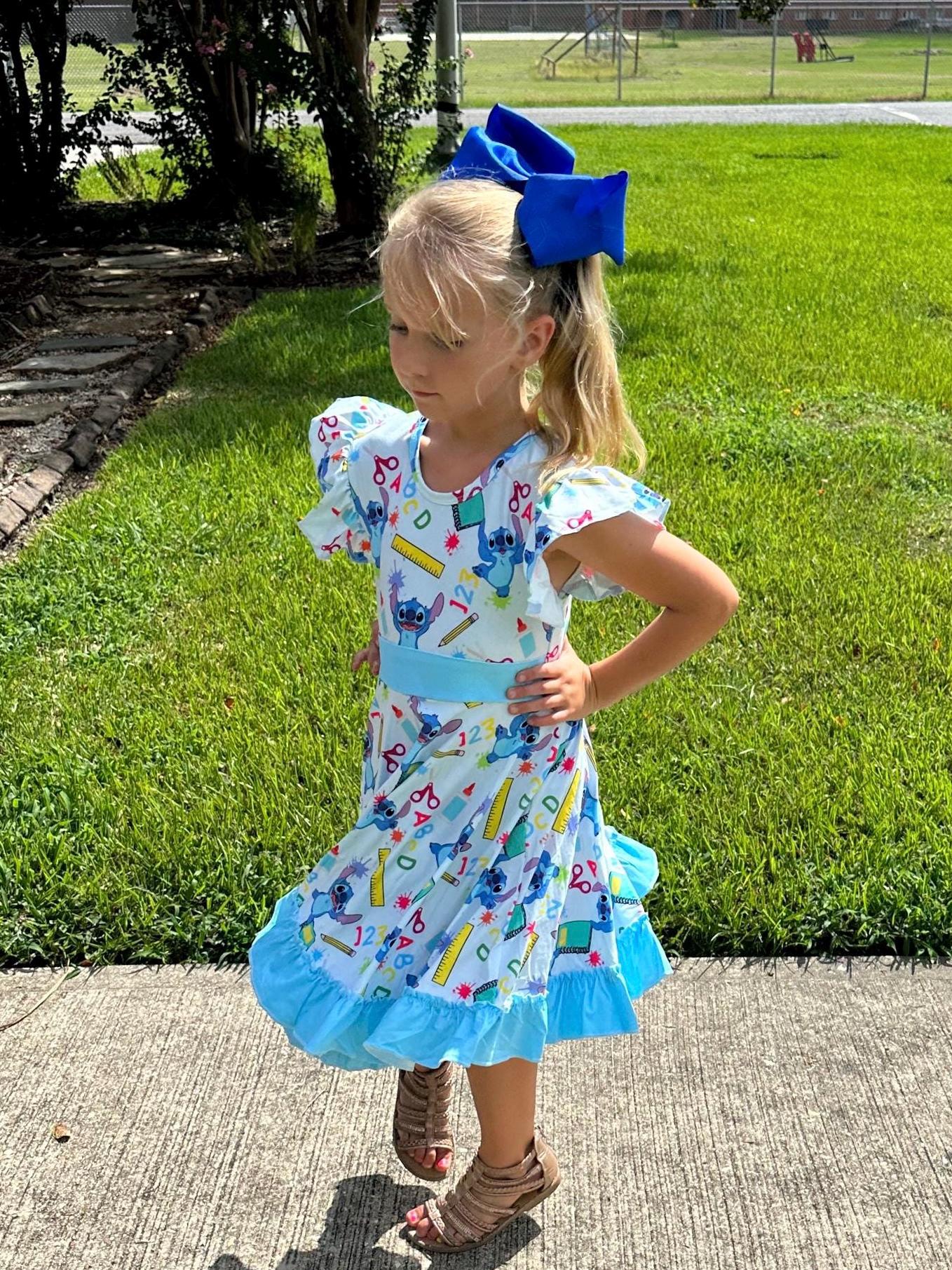 Blue Alien School Days Bow Back Twirl Dress