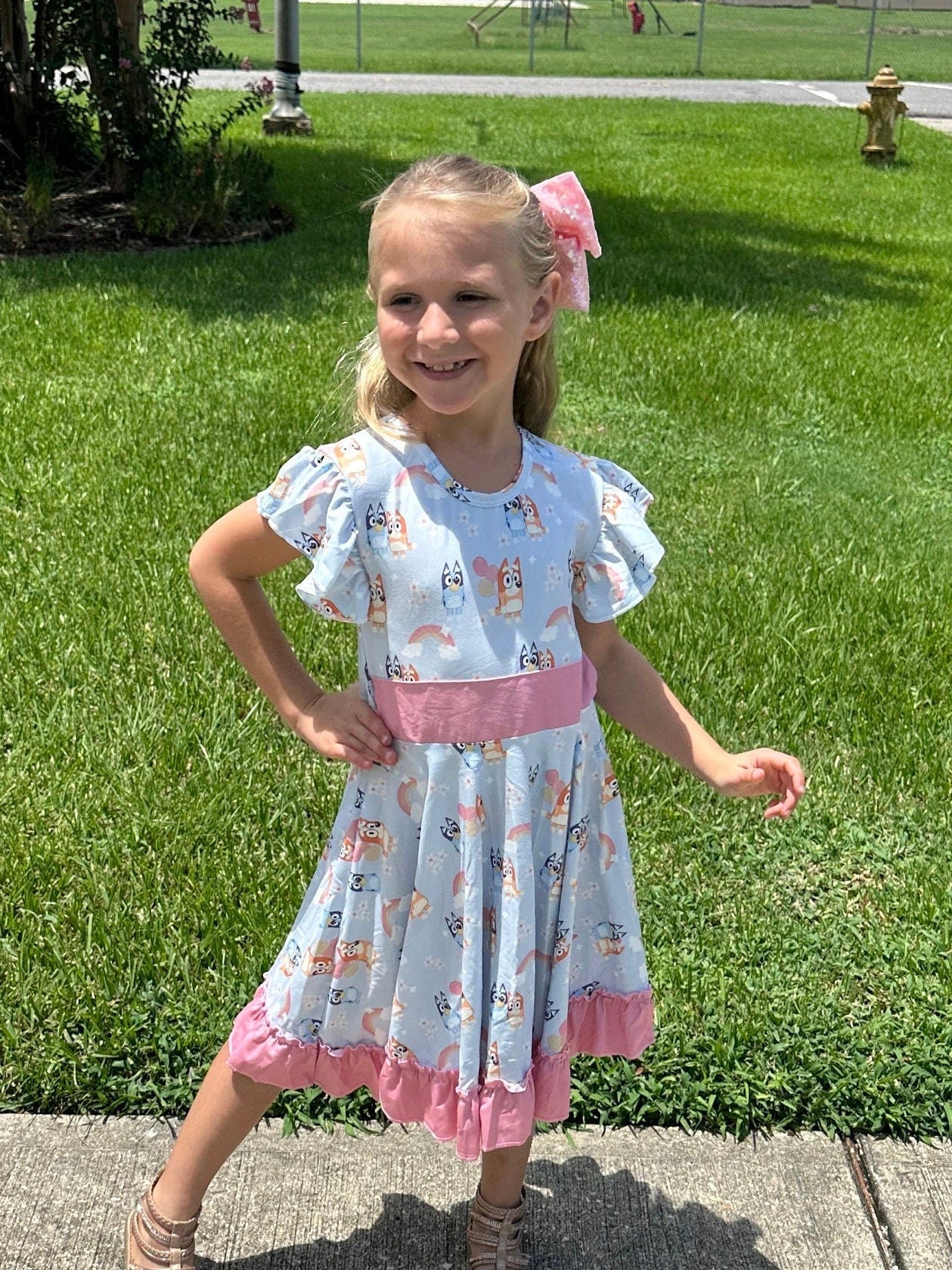 Blue Dog Party Bow Back Twirl Dress With Shorts