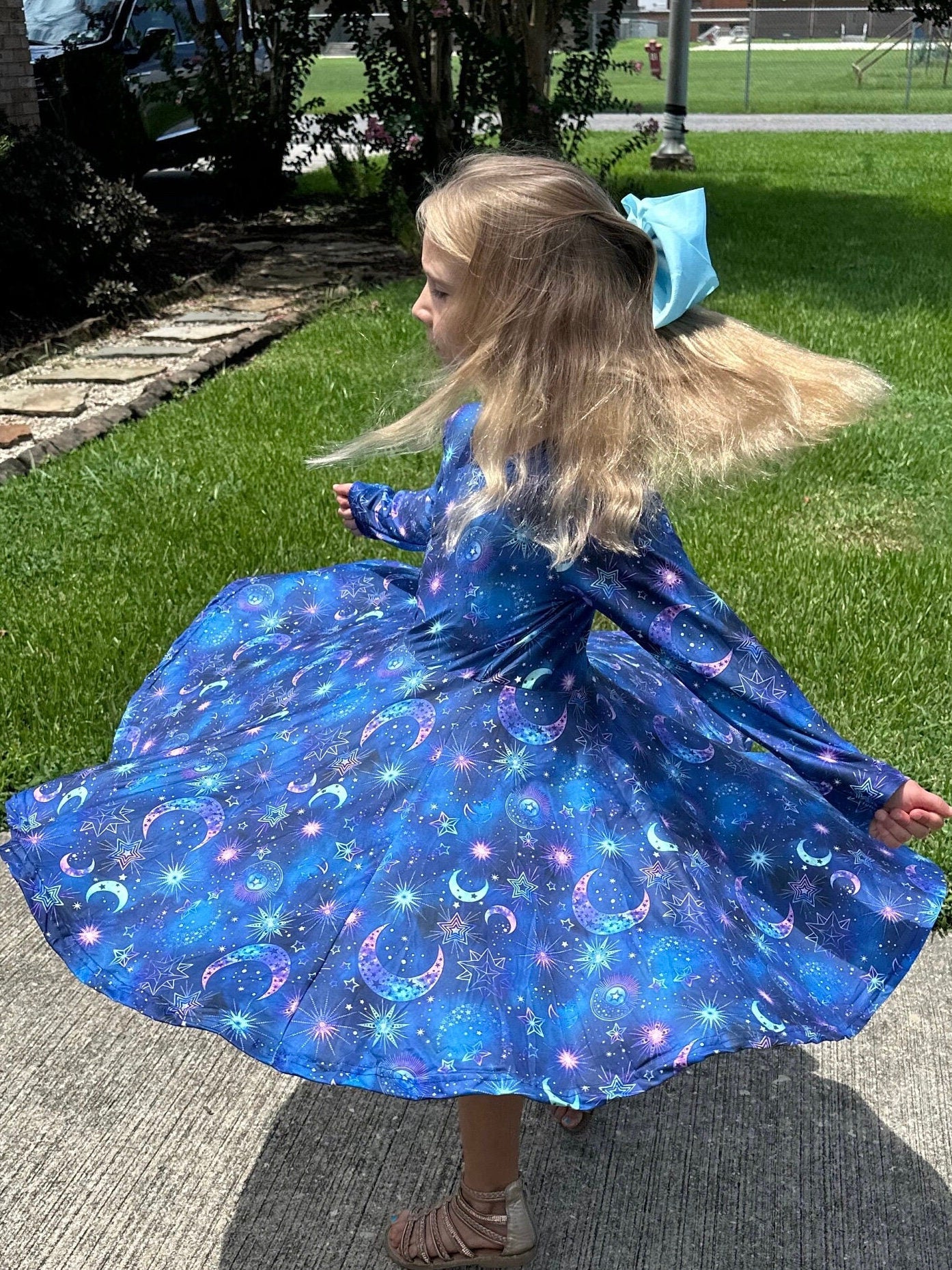 Moons and Outer Space Long Sleeve Twirl Dress