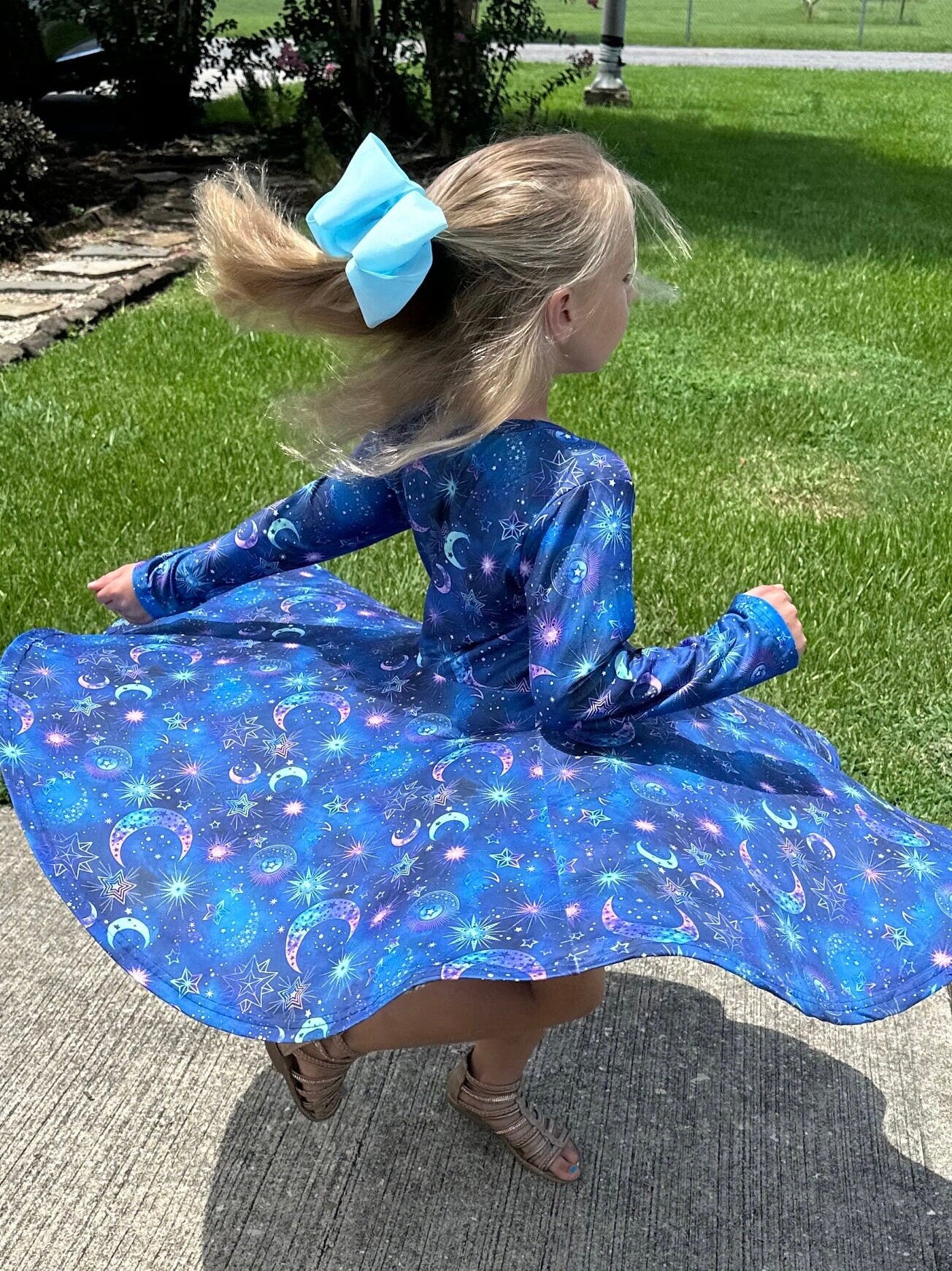 Moons and Outer Space Long Sleeve Twirl Dress