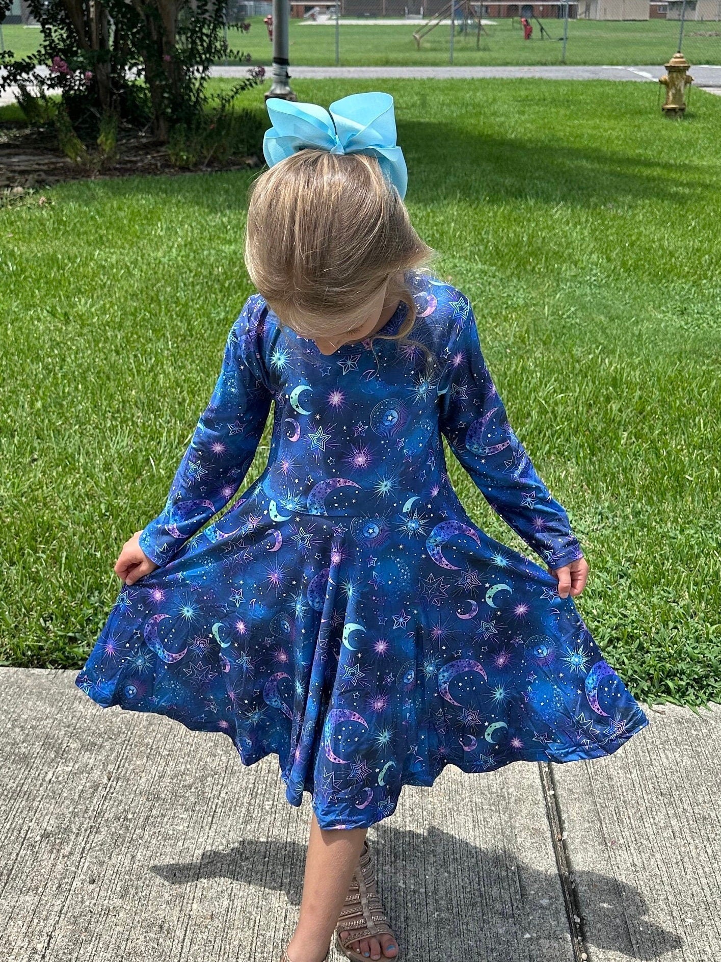 Moons and Outer Space Long Sleeve Twirl Dress