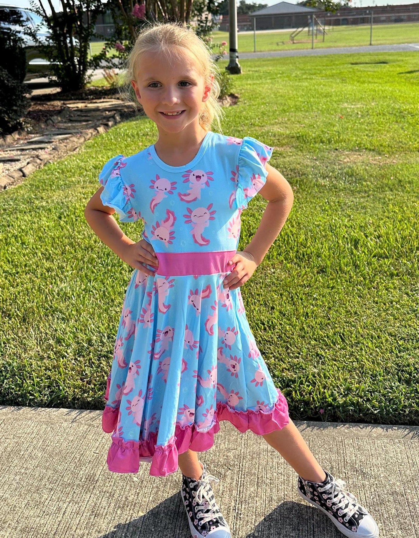 Leucistic (Pink) Axolotl bow back twirl dress