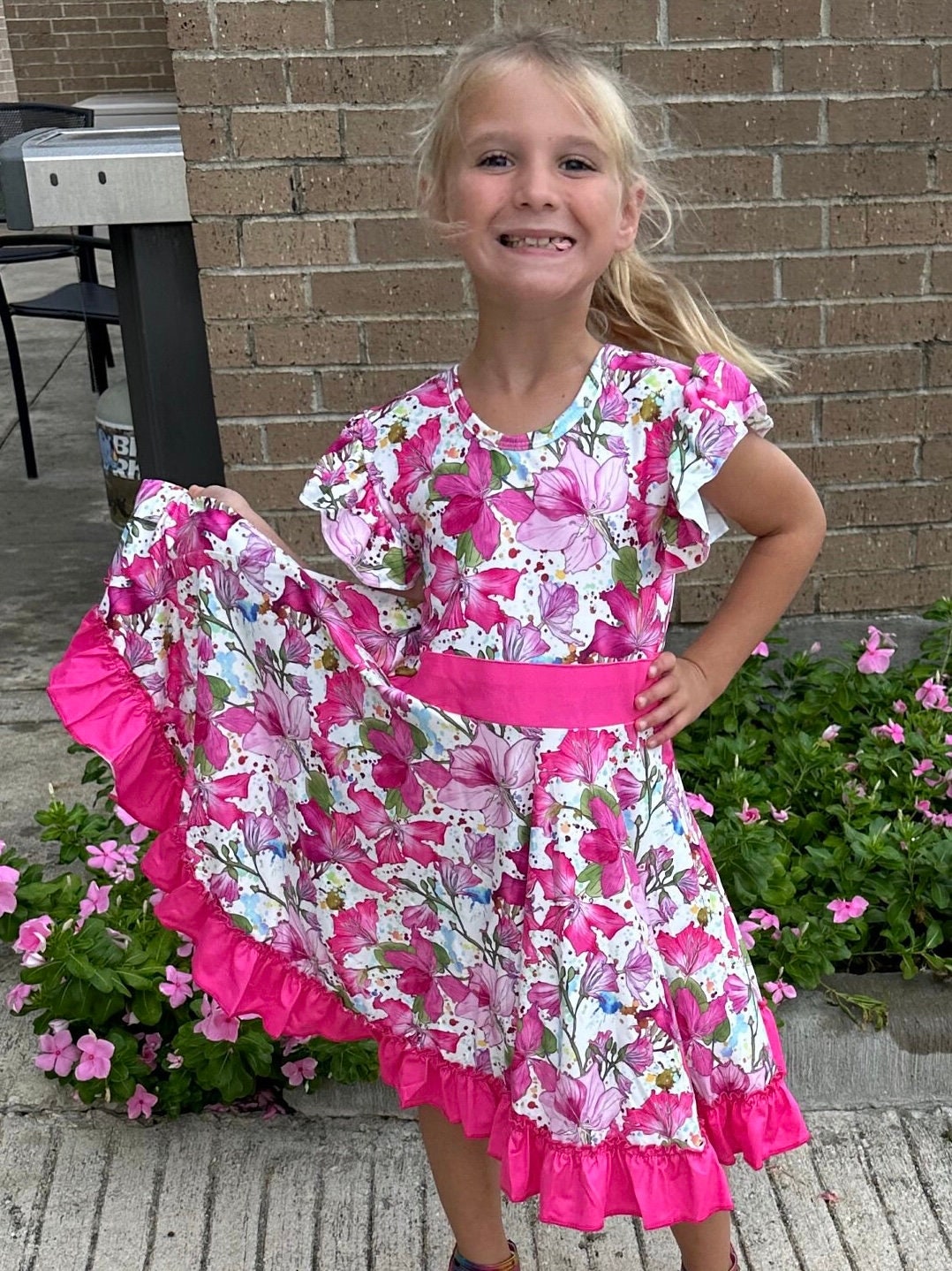 pink floral bow back twirl dress