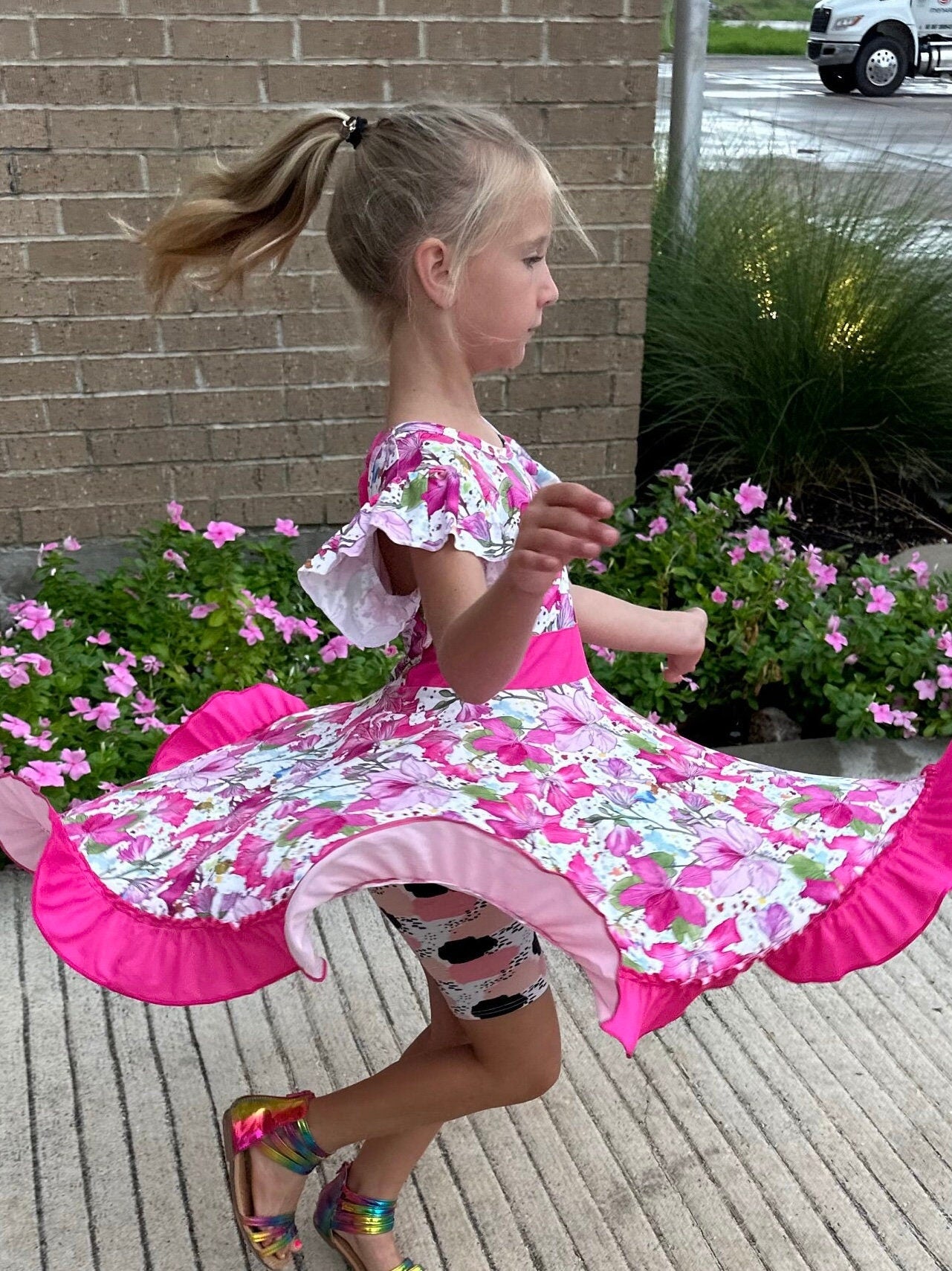 pink floral bow back twirl dress