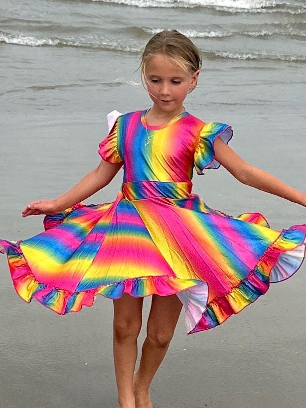 Rainbow Sparkles (real sparkles) bow back twirl dress