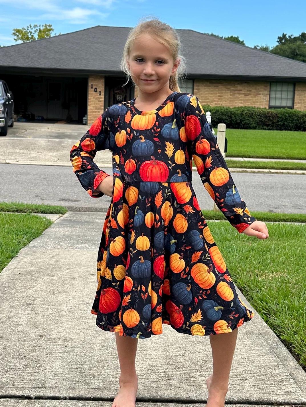 Pumpkins Long Sleeve Twirl Dress