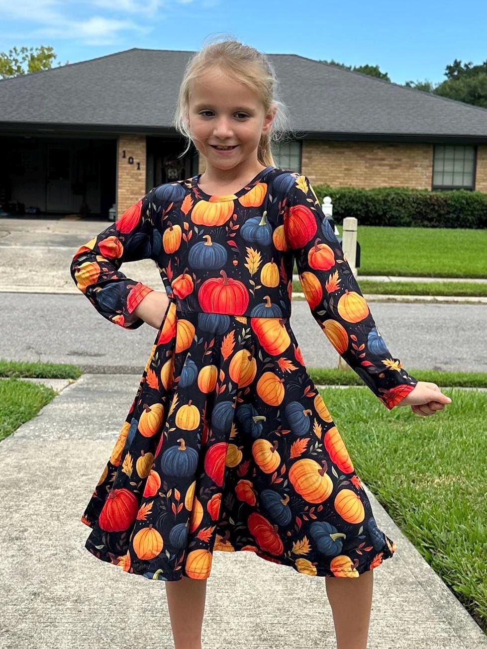 Pumpkins Long Sleeve Twirl Dress