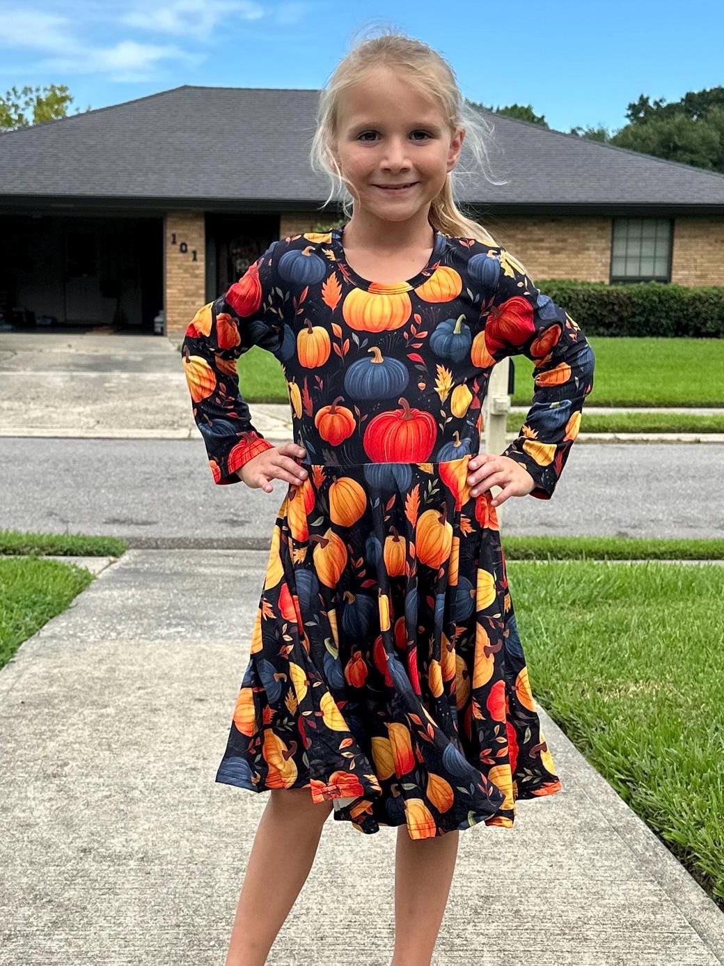 Pumpkins Long Sleeve Twirl Dress