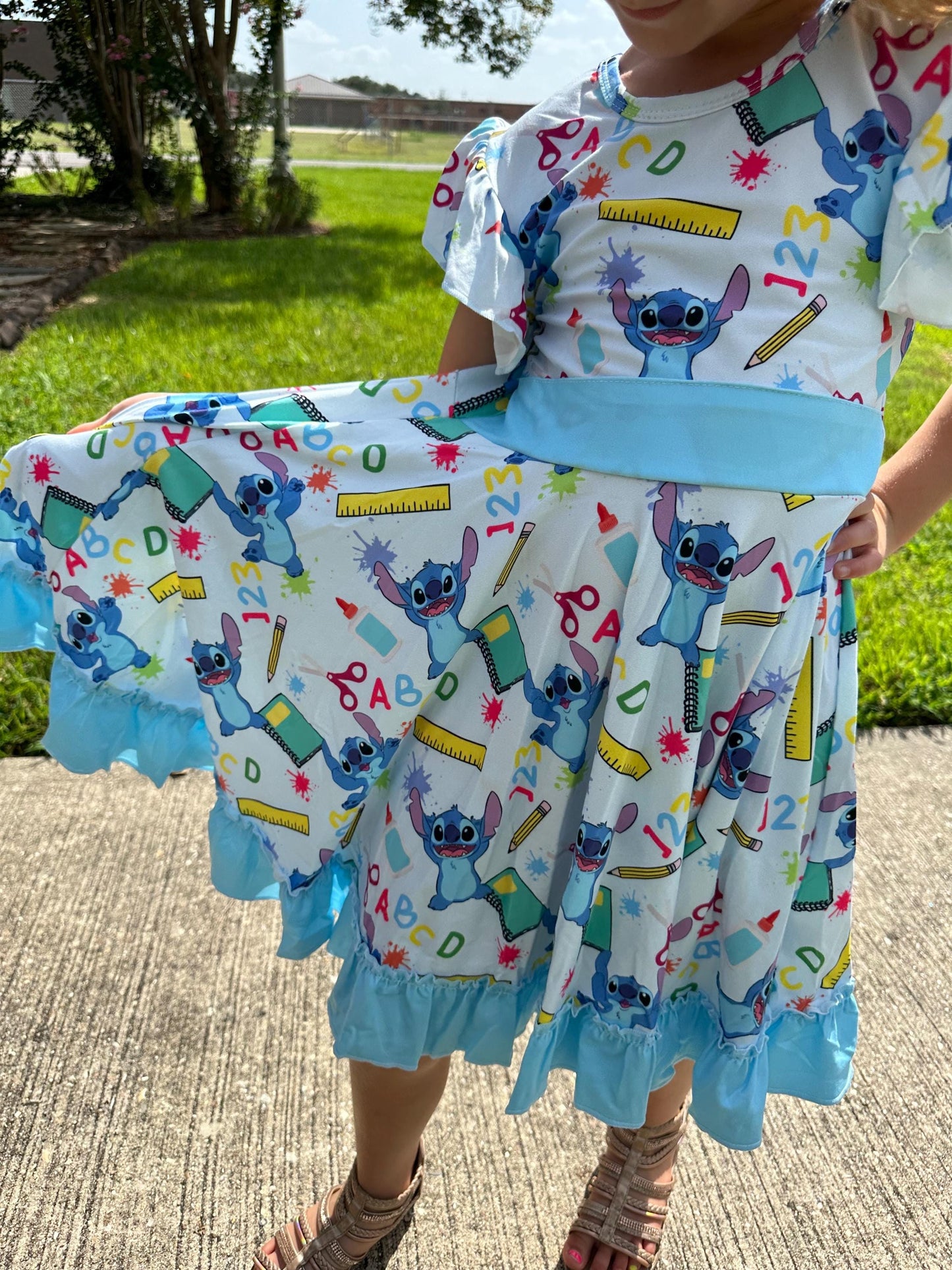 Blue Alien School Days Bow Back Twirl Dress