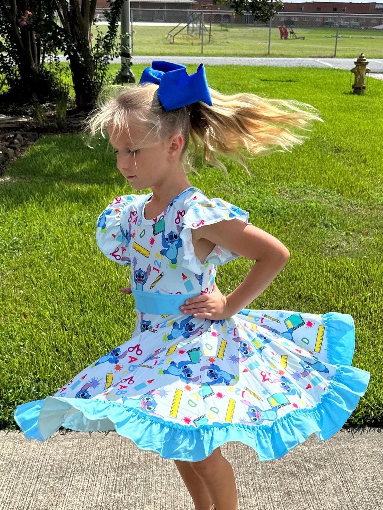 Blue Alien School Days Bow Back Twirl Dress