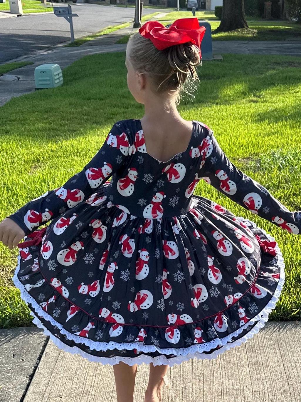 Snowman and Snowflakes Ruffle and Lace Twirl Dress