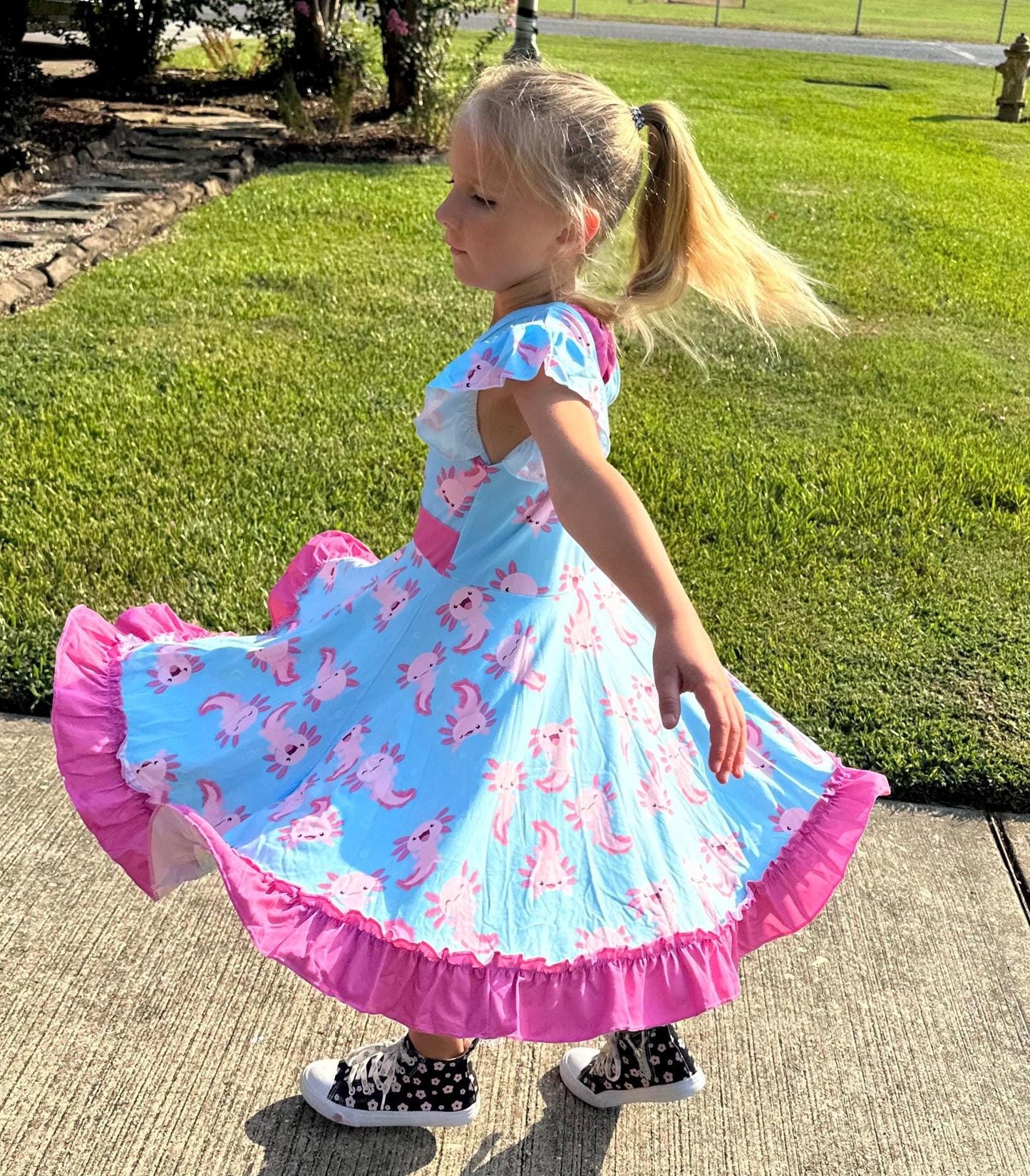 Leucistic (Pink) Axolotl bow back twirl dress