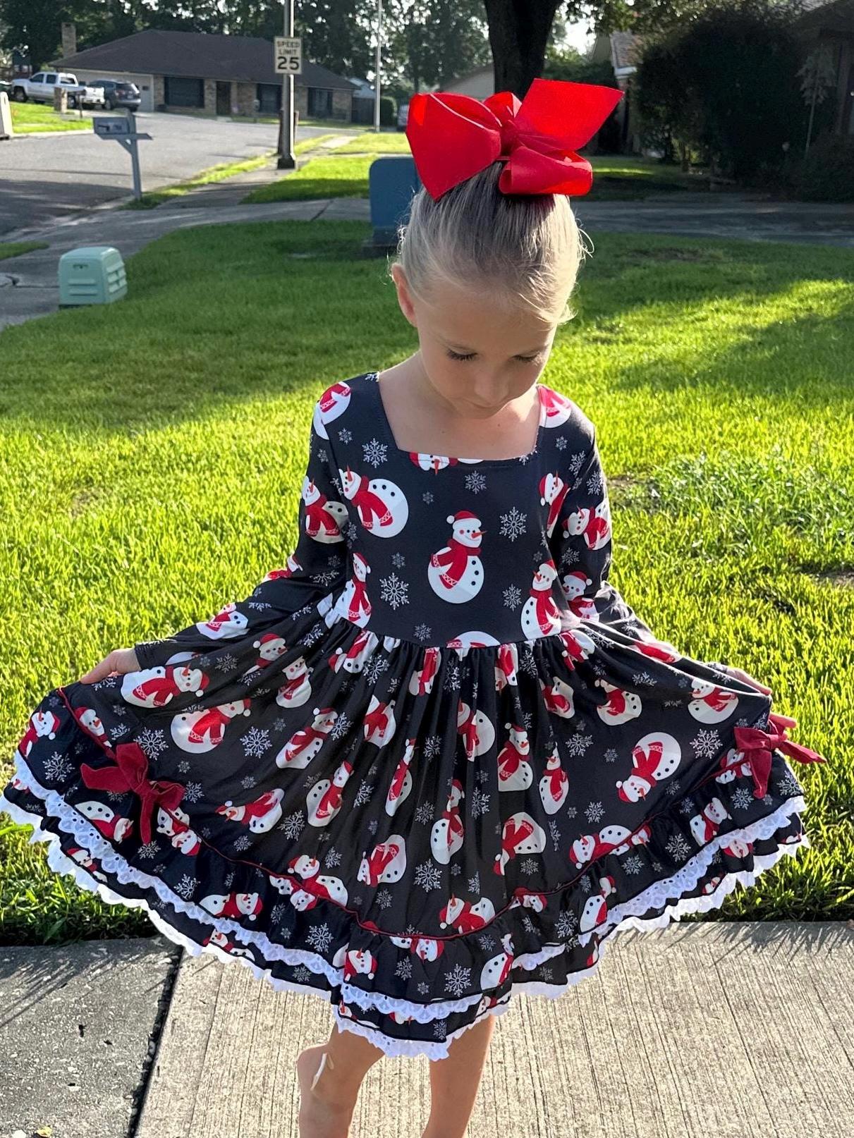 Snowman and Snowflakes Ruffle and Lace Twirl Dress