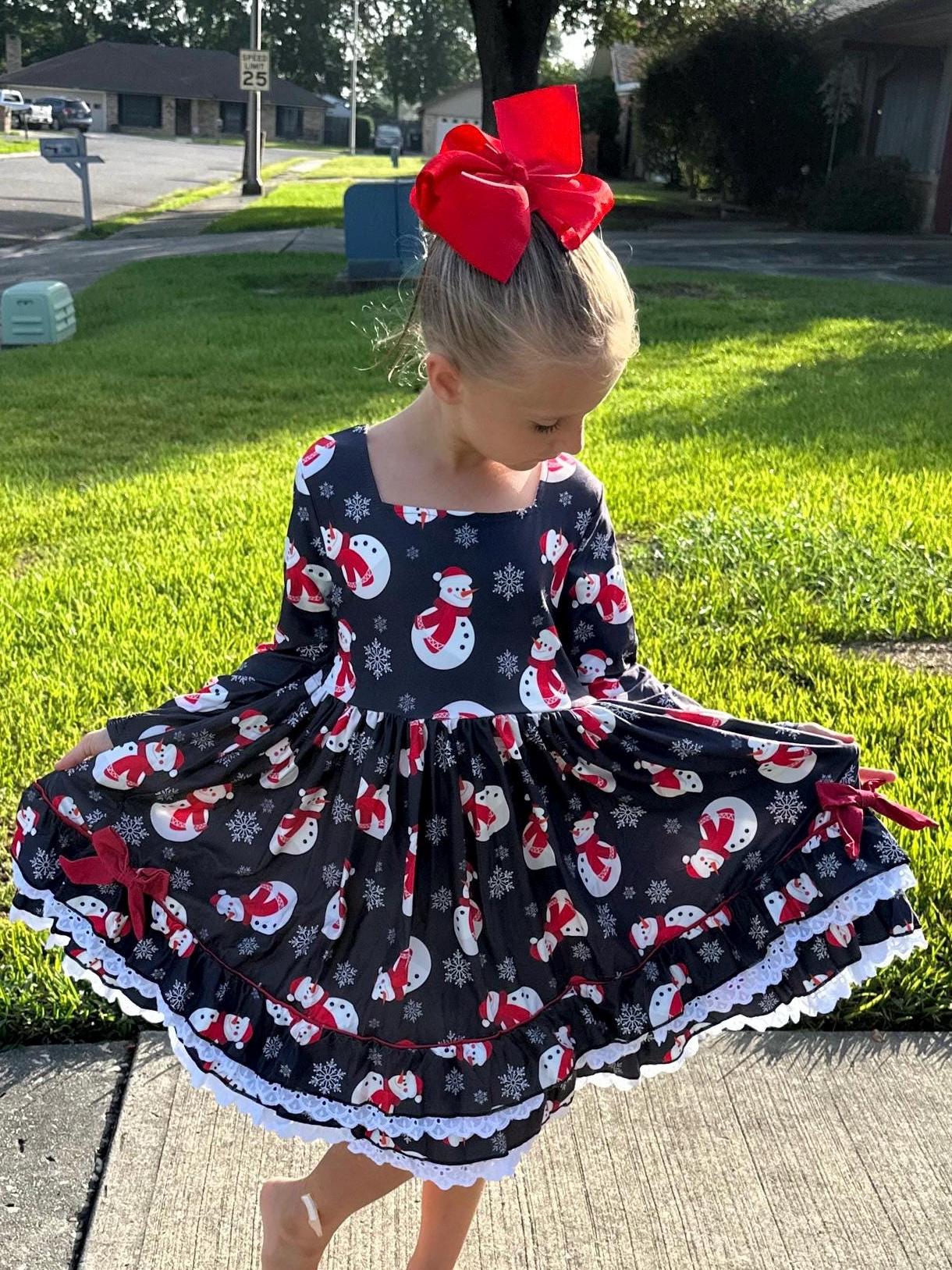 Snowman and Snowflakes Ruffle and Lace Twirl Dress