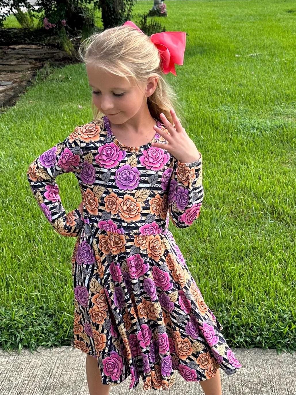 Fall Roses Long Sleeve Twirl Dress