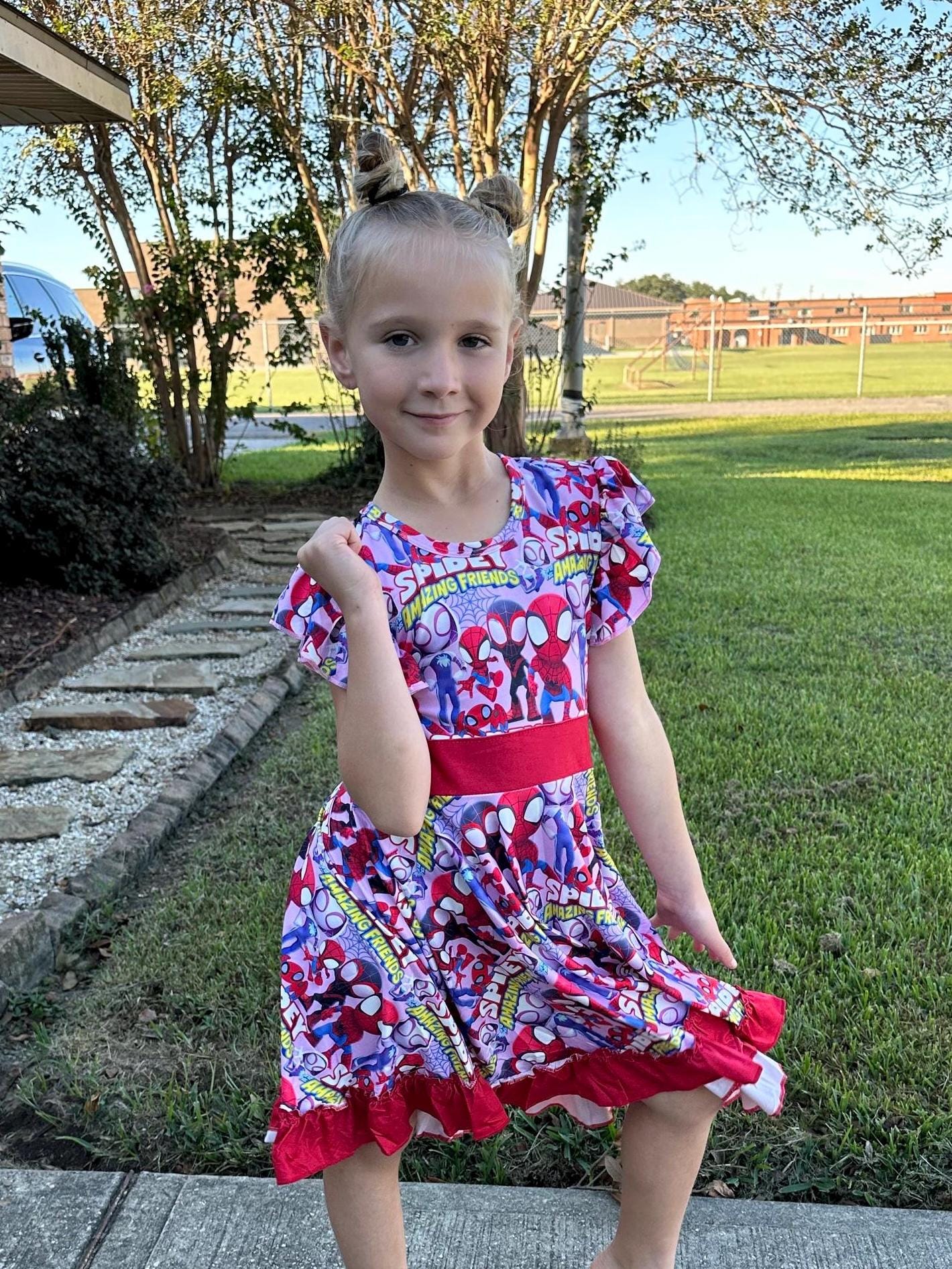 Super Hero and Friends bow back twirl dress