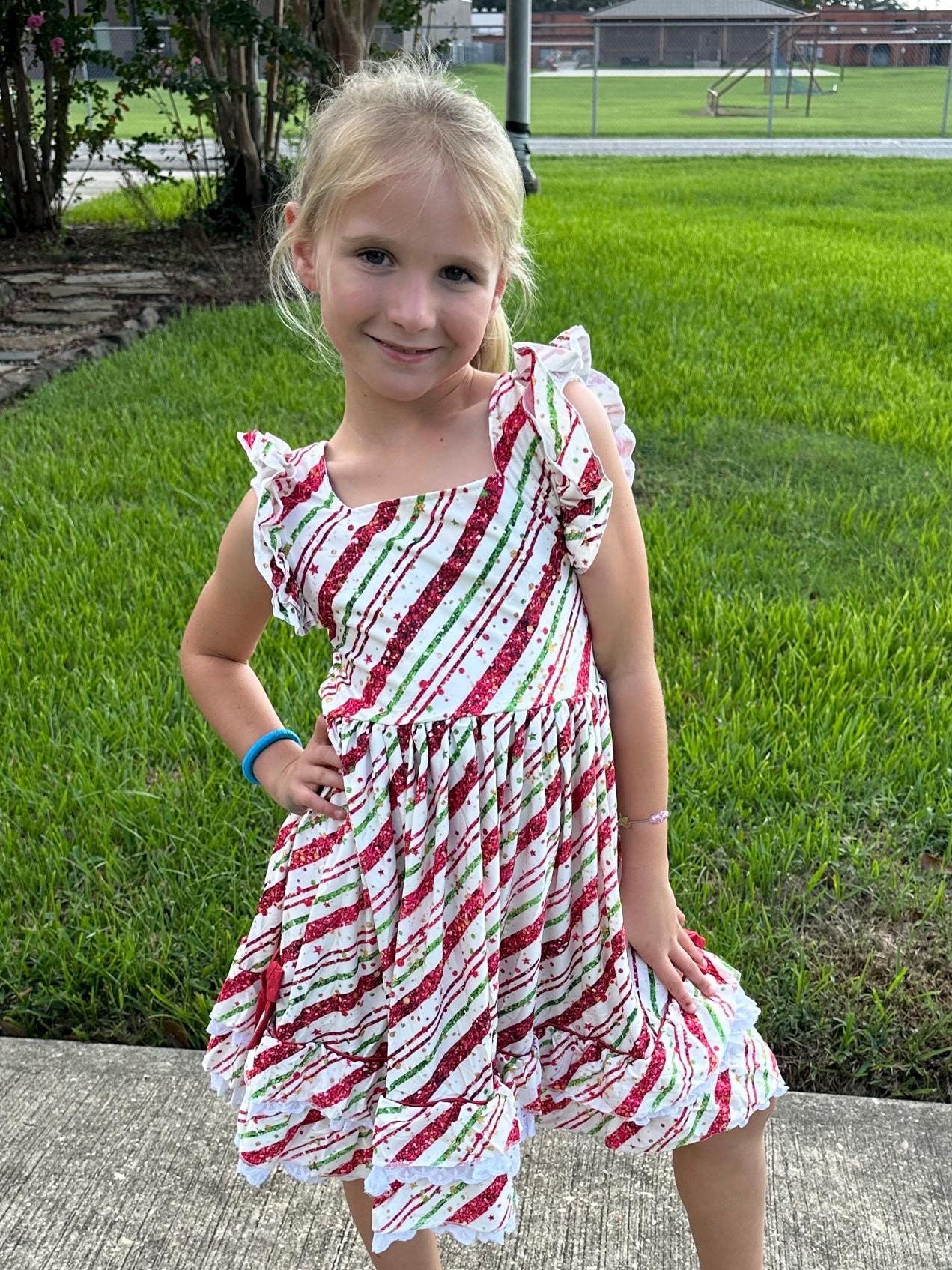 Candy Stripes ruffle and lace twirl dress