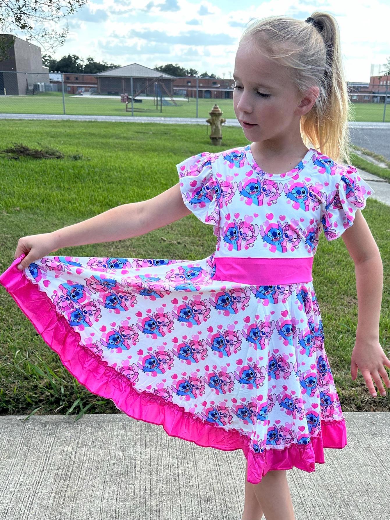 Blue and Pink Alien love Bow Back Twirl Dress