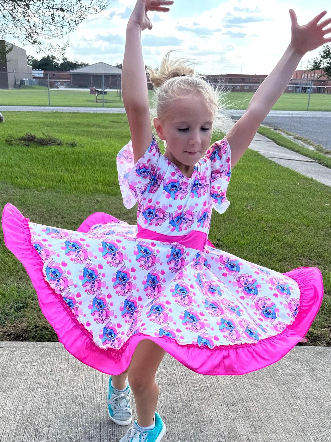 Blue and Pink Alien love Bow Back Twirl Dress