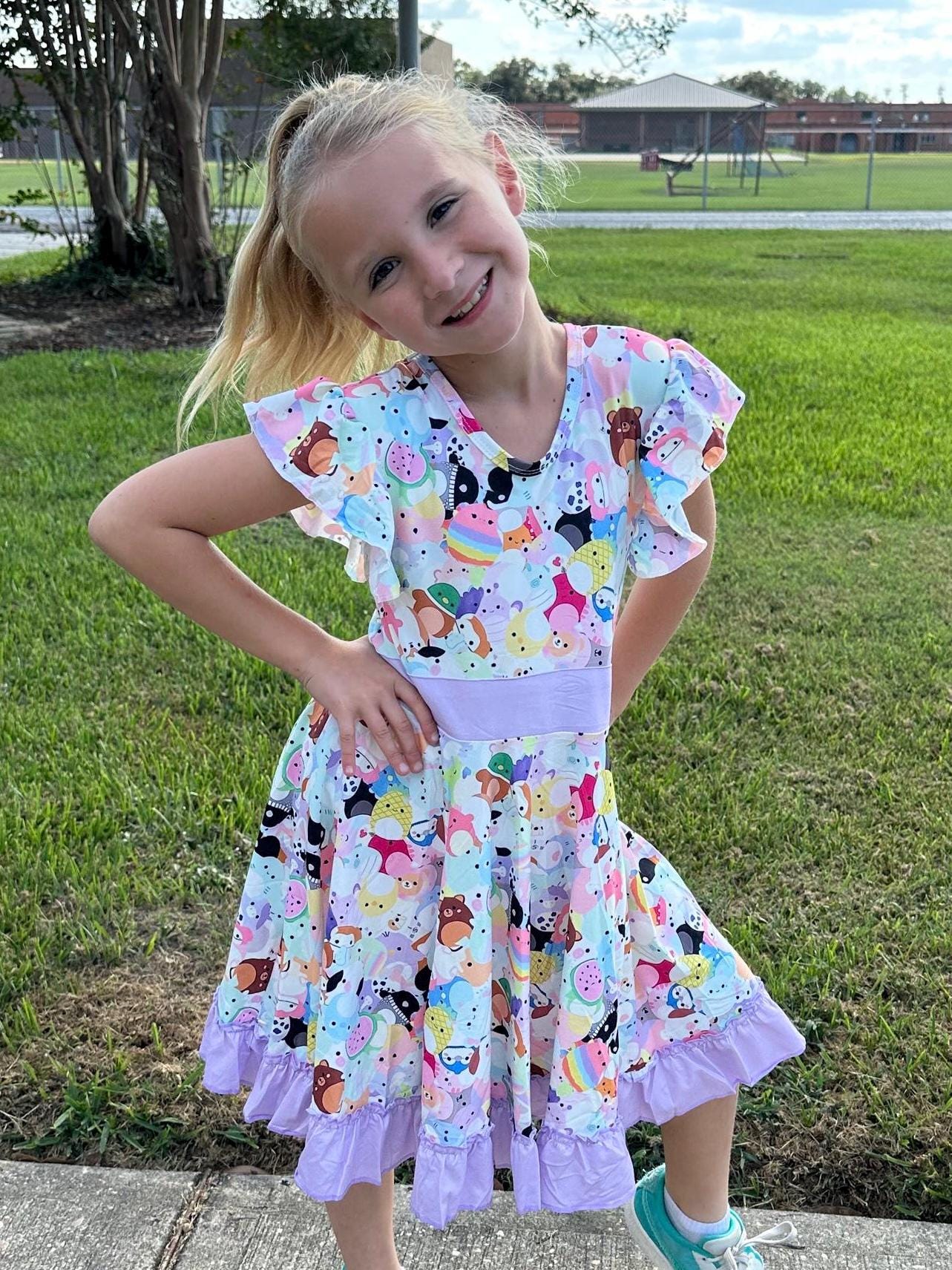 Rainbow Squishmallow Bow Back Twirl Dress