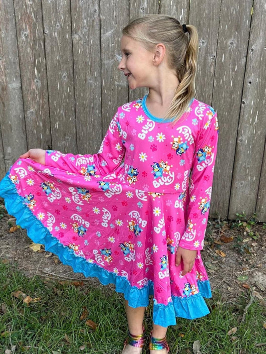 Blue Dog Long Sleeve Twirl Dress