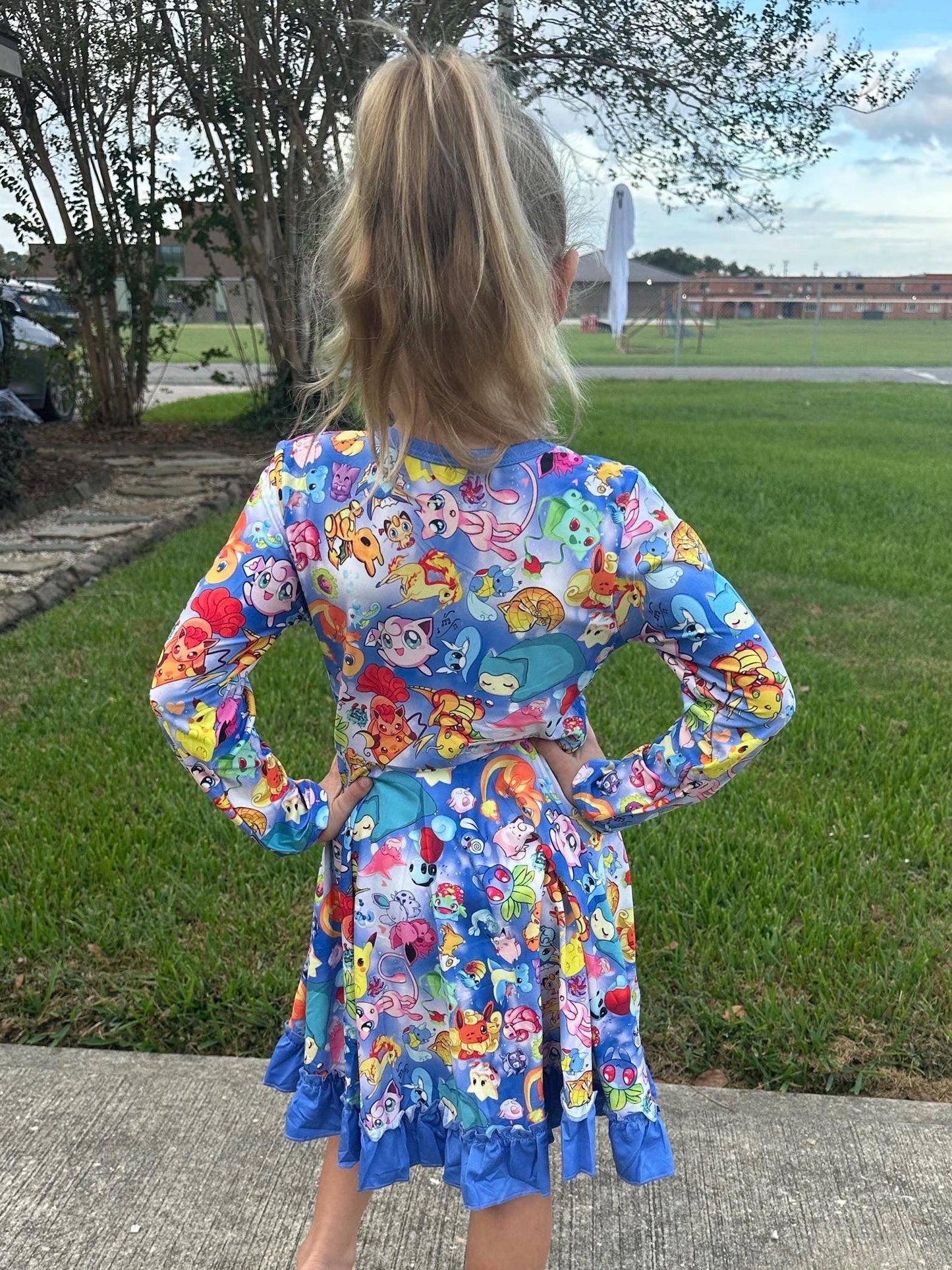 Blue Long sleeve Pocket Characters Twirl Dress