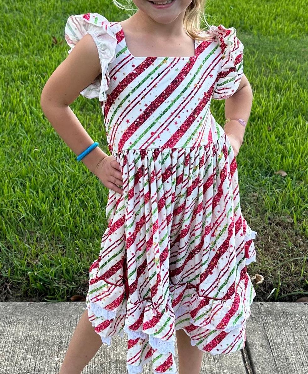 Candy Stripes ruffle and lace twirl dress