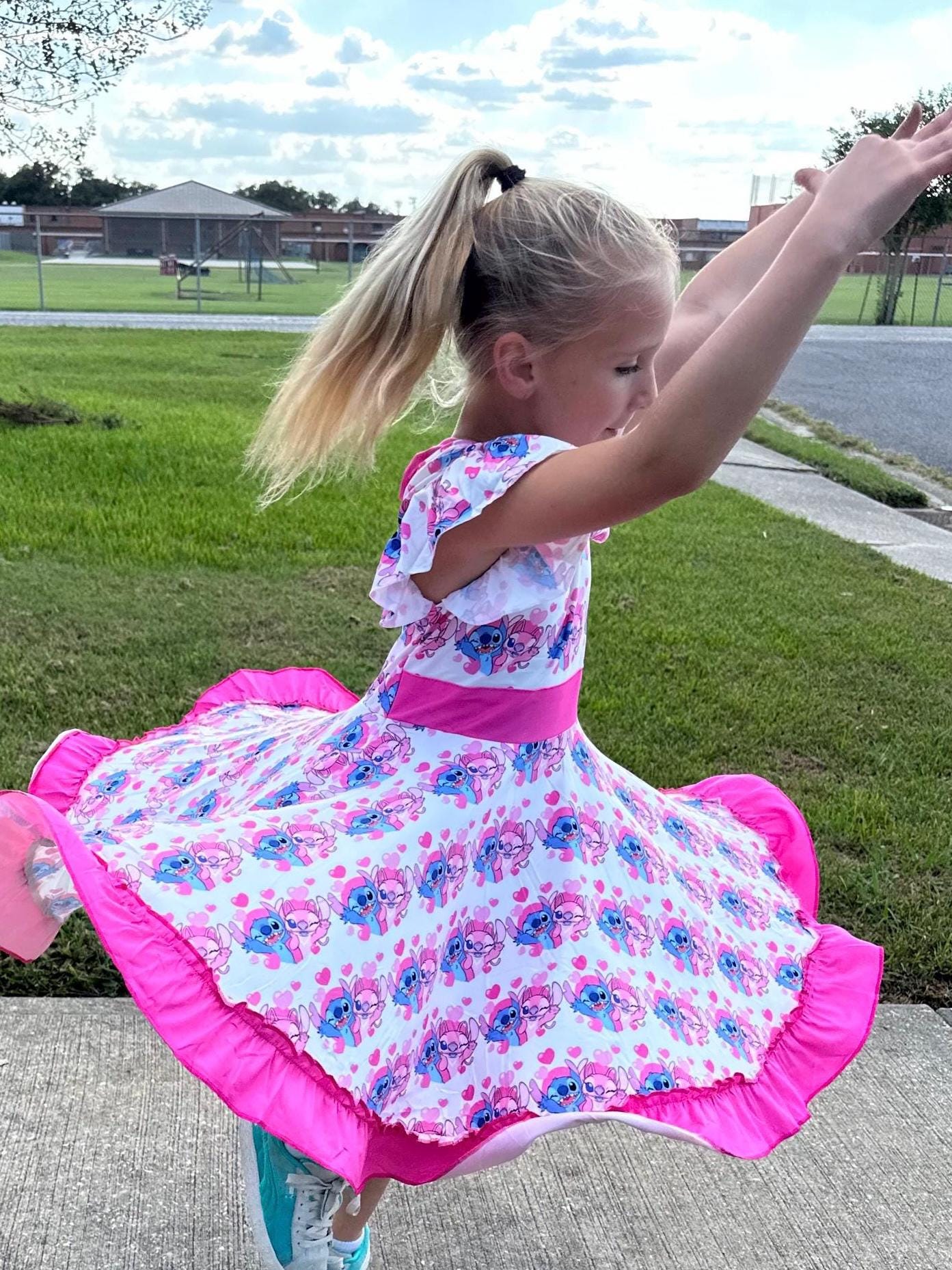 Blue and Pink Alien love Bow Back Twirl Dress