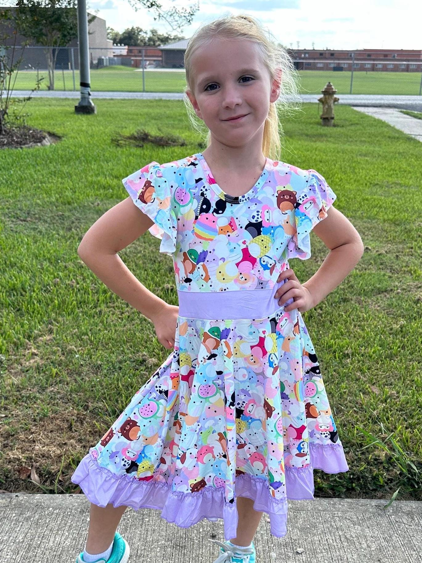 Rainbow Squishmallow Bow Back Twirl Dress