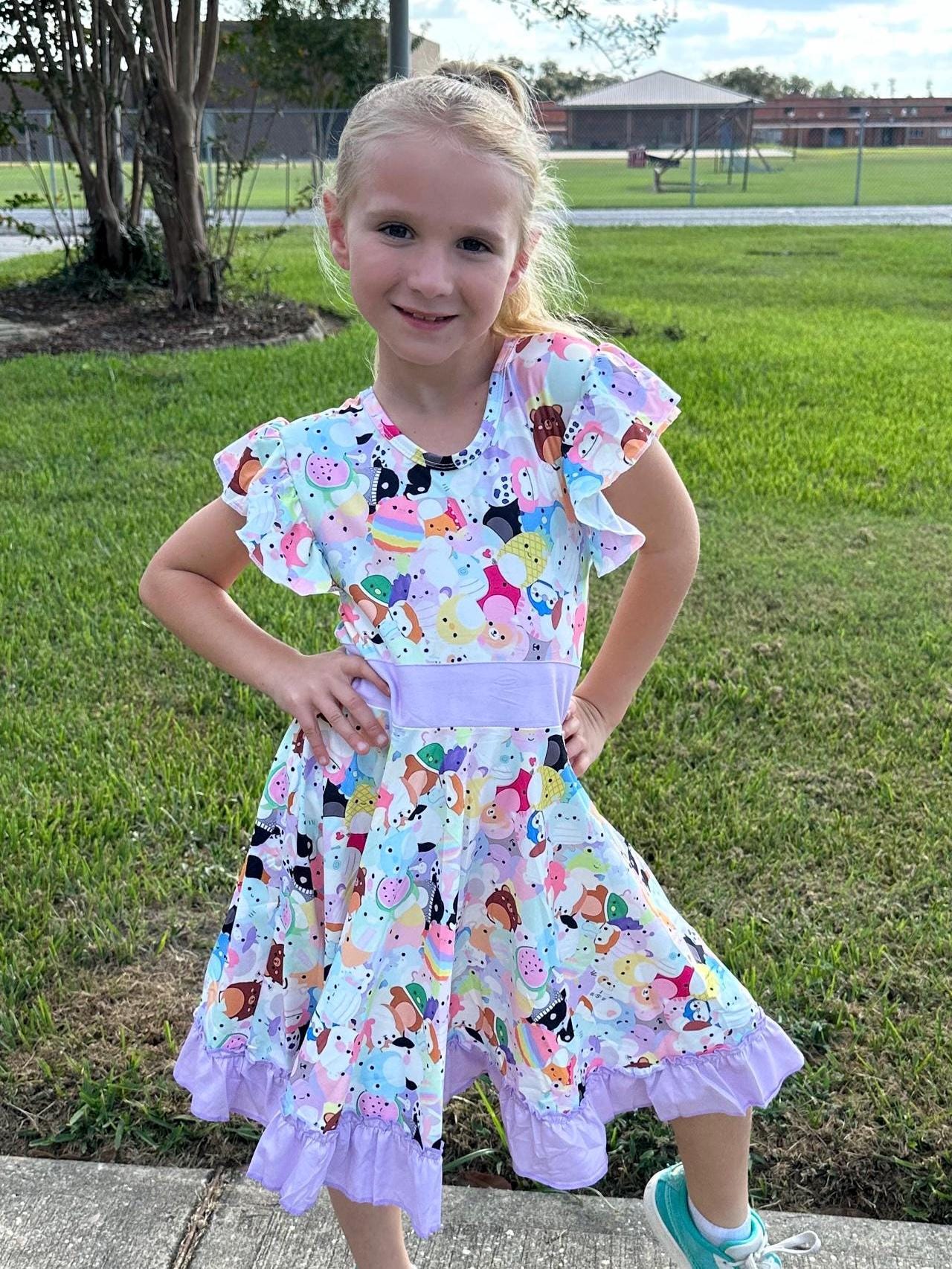 Rainbow Squishmallow Bow Back Twirl Dress