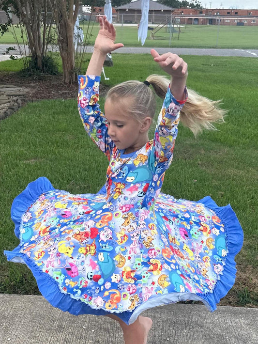 Blue Long sleeve Pocket Characters Twirl Dress