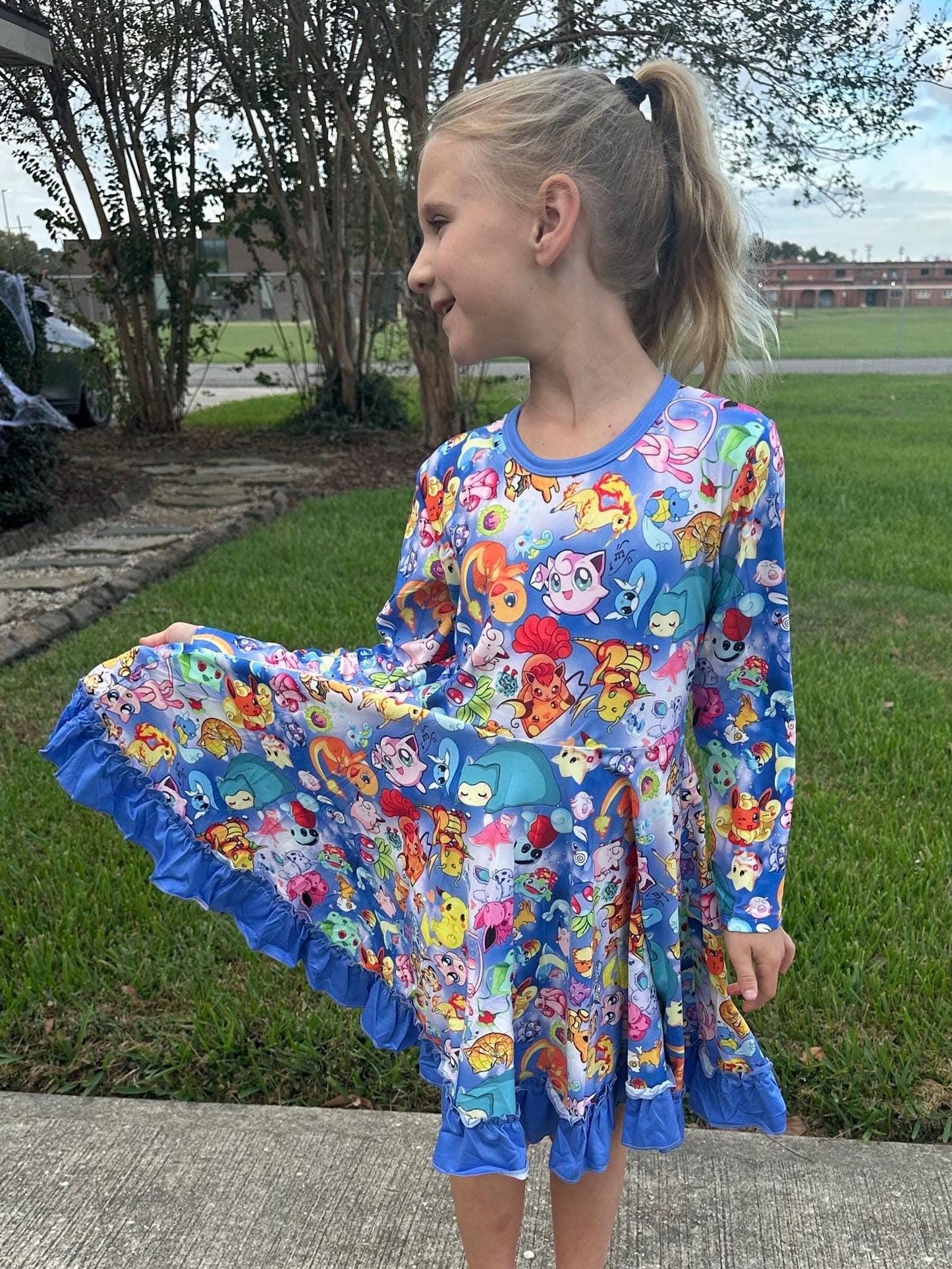 Blue Long sleeve Pocket Characters Twirl Dress