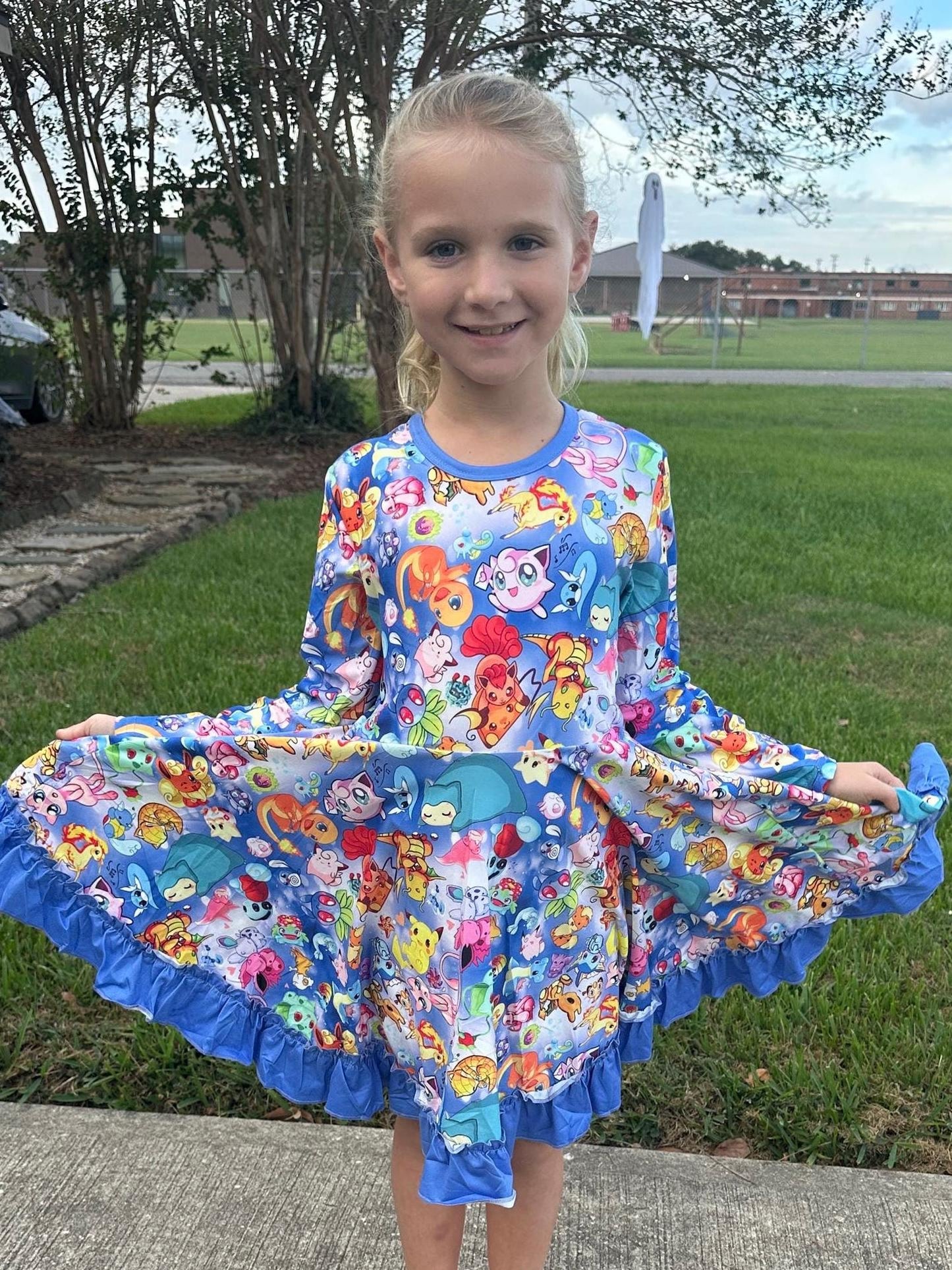 Blue Long sleeve Pocket Characters Twirl Dress