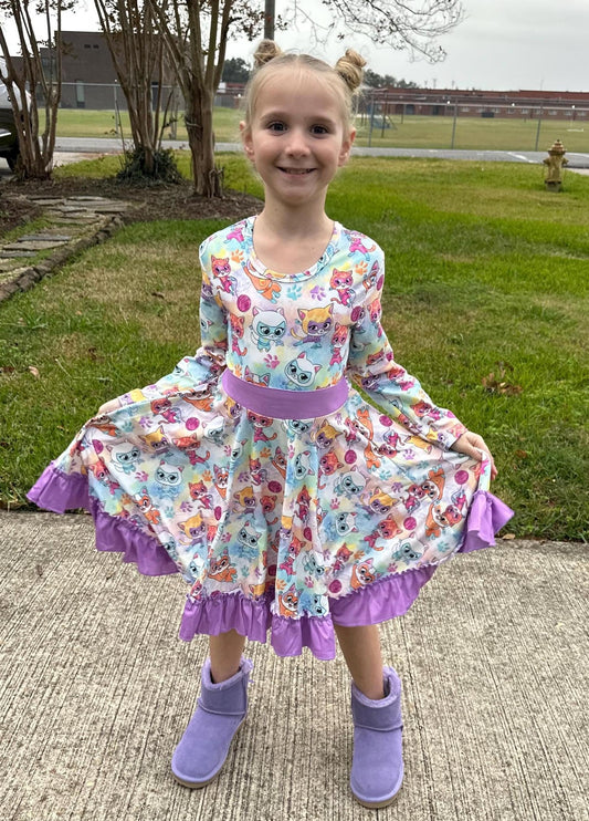 Super Hero Cat Long Sleeve Bow Back Twirl Dress