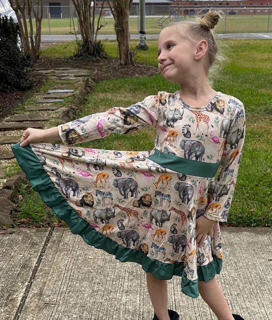 Zoo Days Long Sleeve Bow Back Twirl Dress