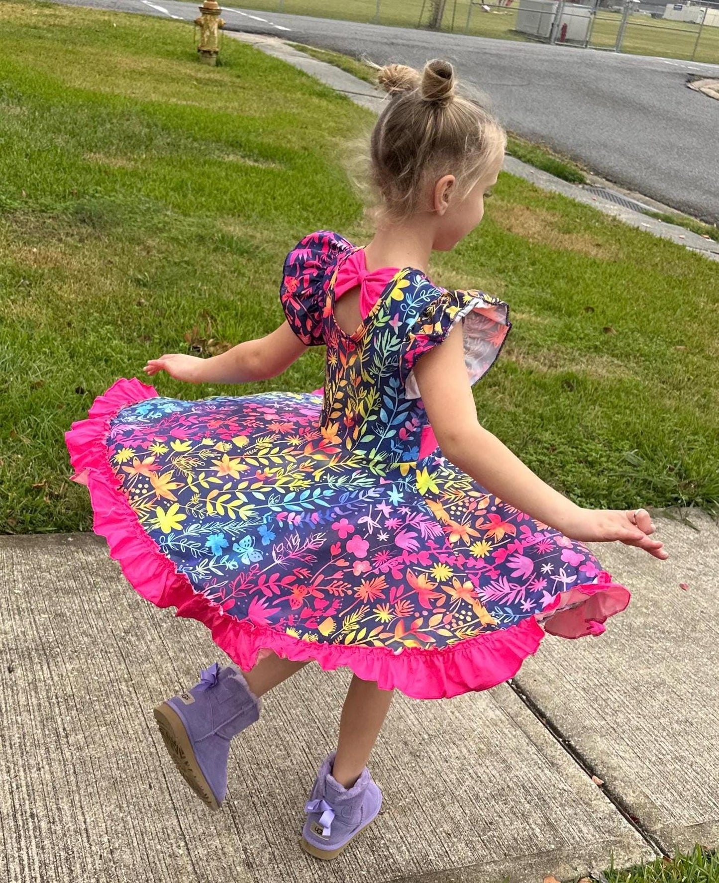 Rainbow Floral Bow Back Twirl Dress